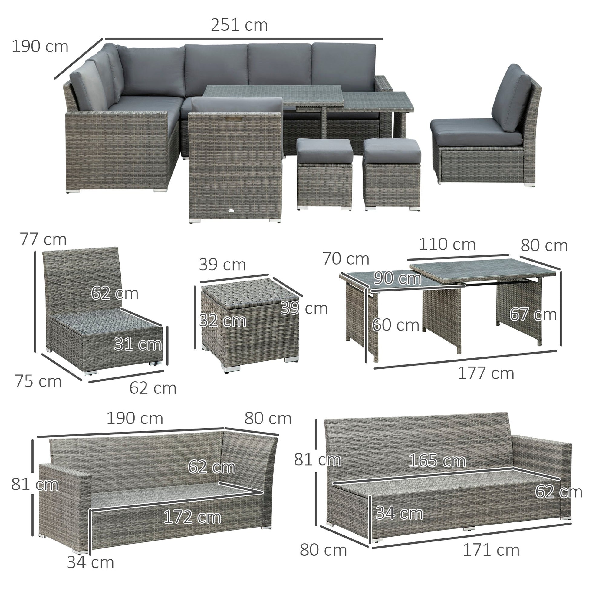 10 Seater Rattan Dining Set with Expandable Table and Nesting Chairs, Rattan Garden Furniture Set with Cushions, Outdoor Dining Table and Chairs, Sectional Corner Sofa Set, Grey