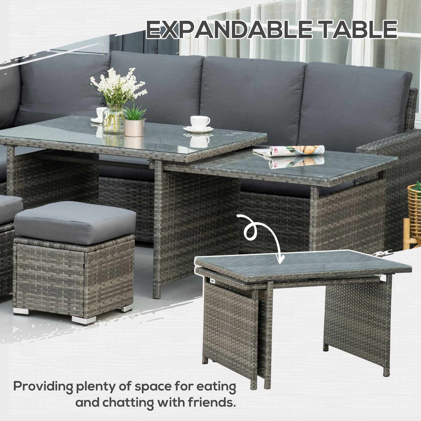 10 Seater Rattan Dining Set with Expandable Table and Nesting Chairs, Rattan Garden Furniture Set with Cushions, Outdoor Dining Table and Chairs, Sectional Corner Sofa Set, Grey