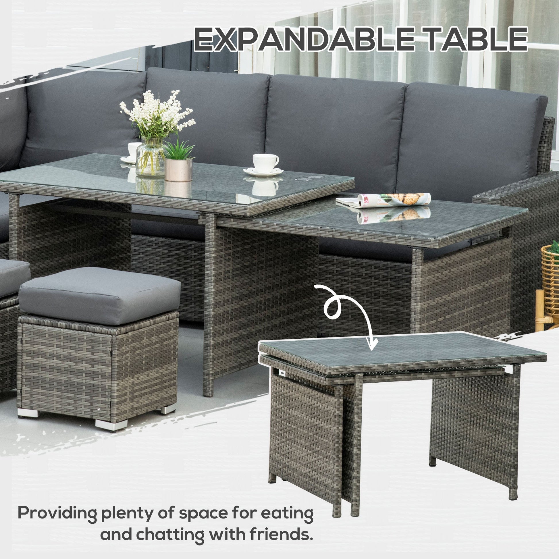 10 Seater Rattan Dining Set with Expandable Table and Nesting Chairs, Rattan Garden Furniture Set with Cushions, Outdoor Dining Table and Chairs, Sectional Corner Sofa Set, Grey