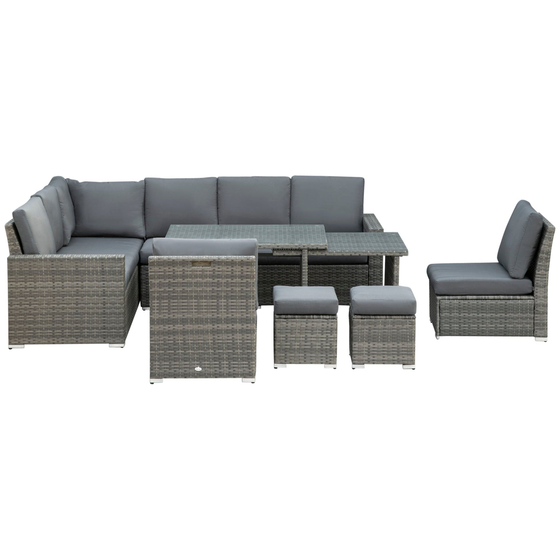 10 Seater Rattan Dining Set with Expandable Table and Nesting Chairs, Rattan Garden Furniture Set with Cushions, Outdoor Dining Table and Chairs, Sectional Corner Sofa Set, Grey