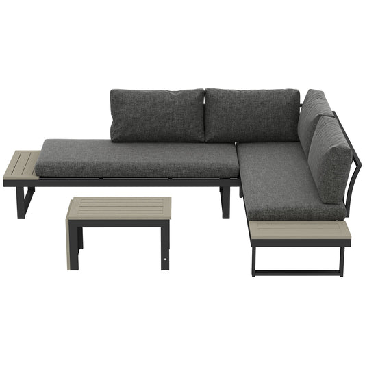 4 Seater Corner Garden Furniture Set with 2 Loveseats, WPC Coffee Table, L Shaped Aluminium Sectional Outdoor Sofa Set with Removable Backs, Thick Cushions, Charcoal Grey