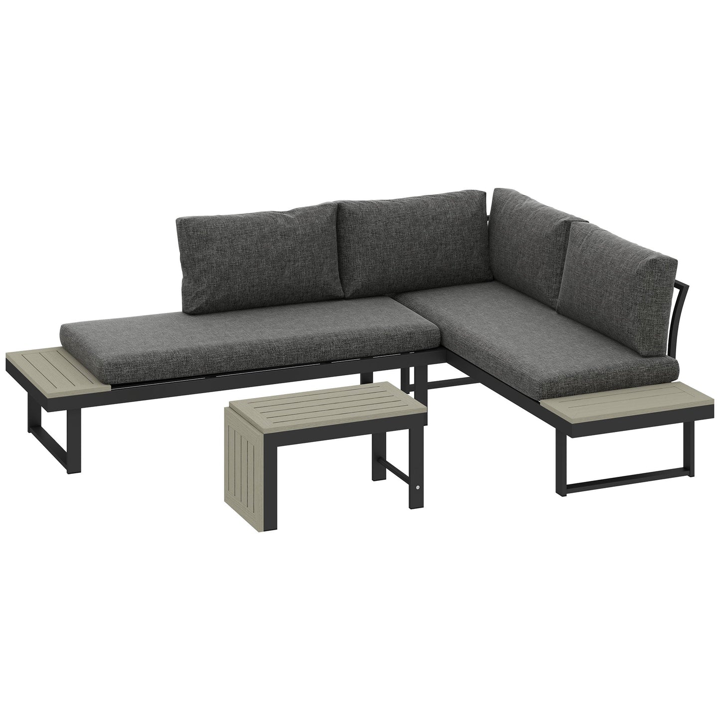 4 Seater Corner Garden Furniture Set with 2 Loveseats, WPC Coffee Table, L Shaped Aluminium Sectional Outdoor Sofa Set with Removable Backs, Thick Cushions, Charcoal Grey