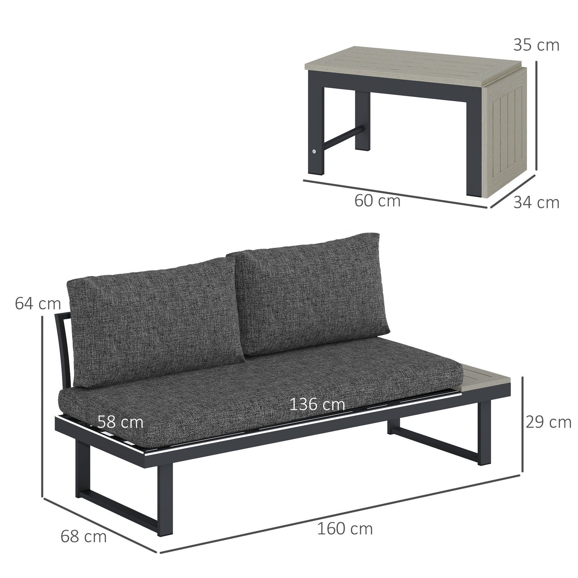 4 Seater Corner Garden Furniture Set with 2 Loveseats, WPC Coffee Table, L Shaped Aluminium Sectional Outdoor Sofa Set with Removable Backs, Thick Cushions, Charcoal Grey