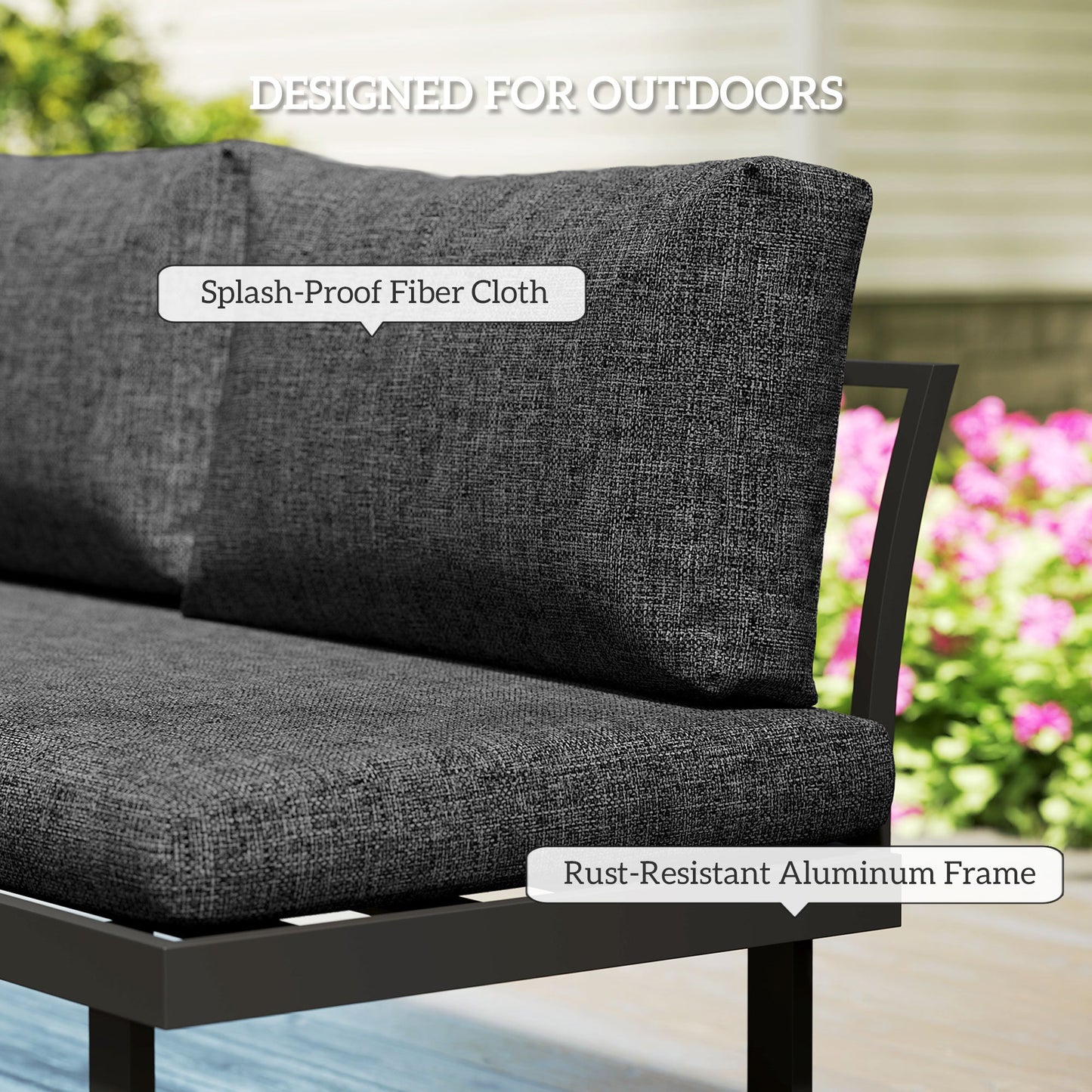 4 Seater Corner Garden Furniture Set with 2 Loveseats, WPC Coffee Table, L Shaped Aluminium Sectional Outdoor Sofa Set with Removable Backs, Thick Cushions, Charcoal Grey