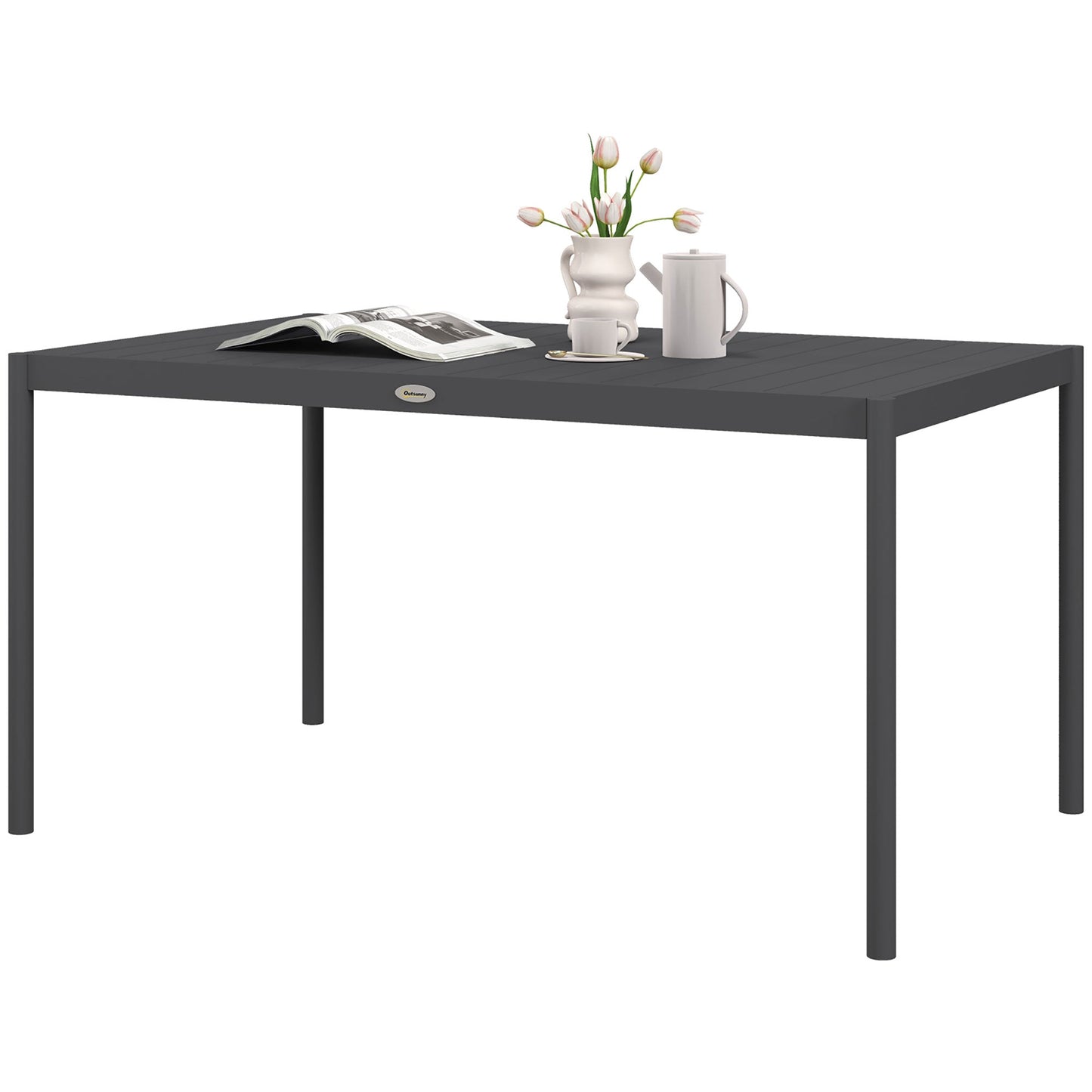 145cm Garden Table, Rectangle Outdoor Dining Table for 6 People, with Slatted Aluminium Top and Steel Legs, for Lawn, Balcony, Dark Grey