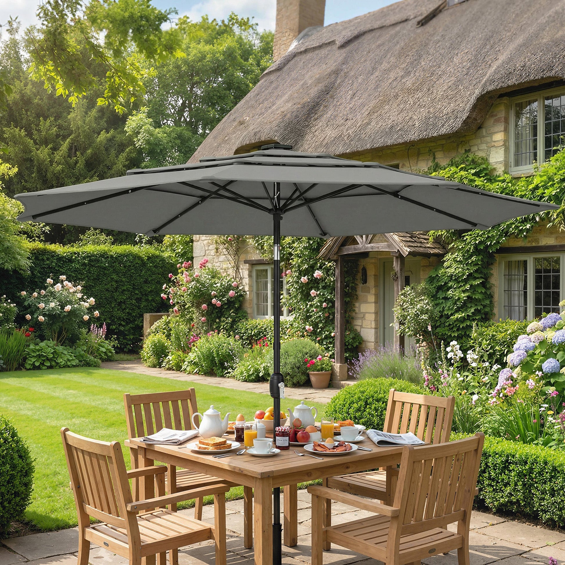 3 m Garden Parasol, Parasol Umbrella with 3-tier Roof, Crank Handle, Tilt Function, Polyester Canopy, Outdoor Table Umbrella for Patio, Garden, Grey