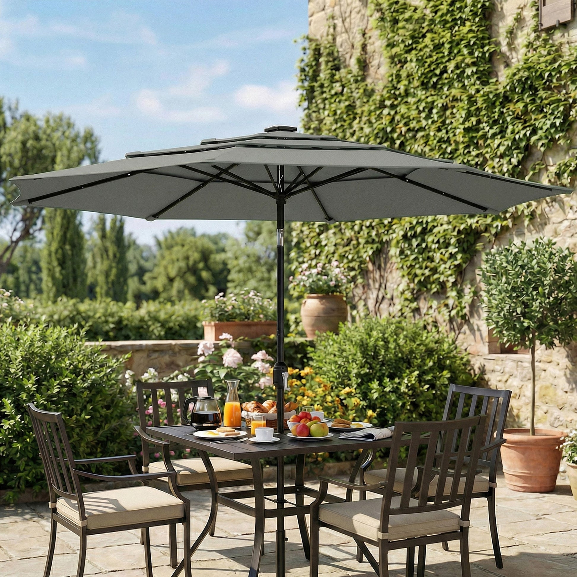 3 m Garden Parasol, Parasol Umbrella with 3-tier Roof, Crank Handle, Tilt Function, Polyester Canopy, Outdoor Table Umbrella for Patio, Garden, Grey