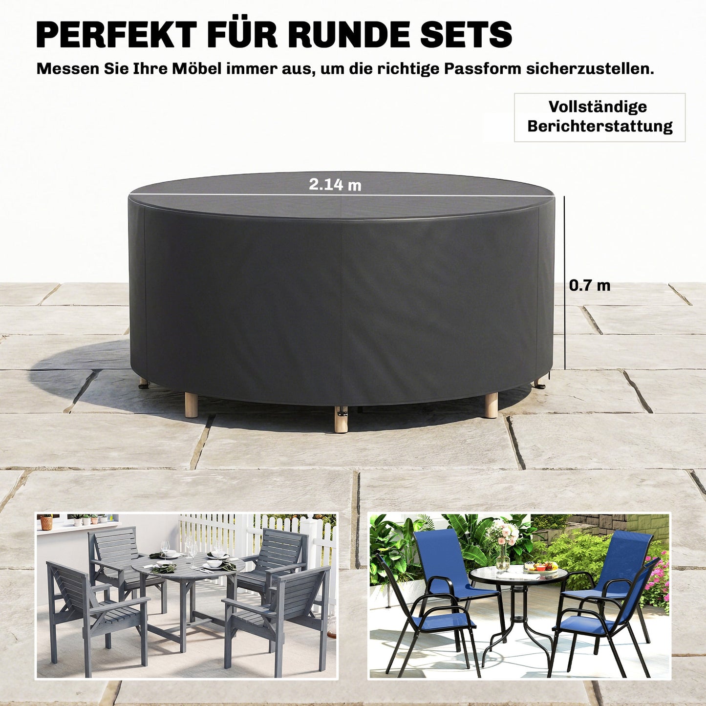 Round Garden Furniture Cover, Waterproof Garden Table Cover, 420D Heavy Duty Oxford for Outdoor Garden Table and Chairs, Φ214 x 70 cm, Black