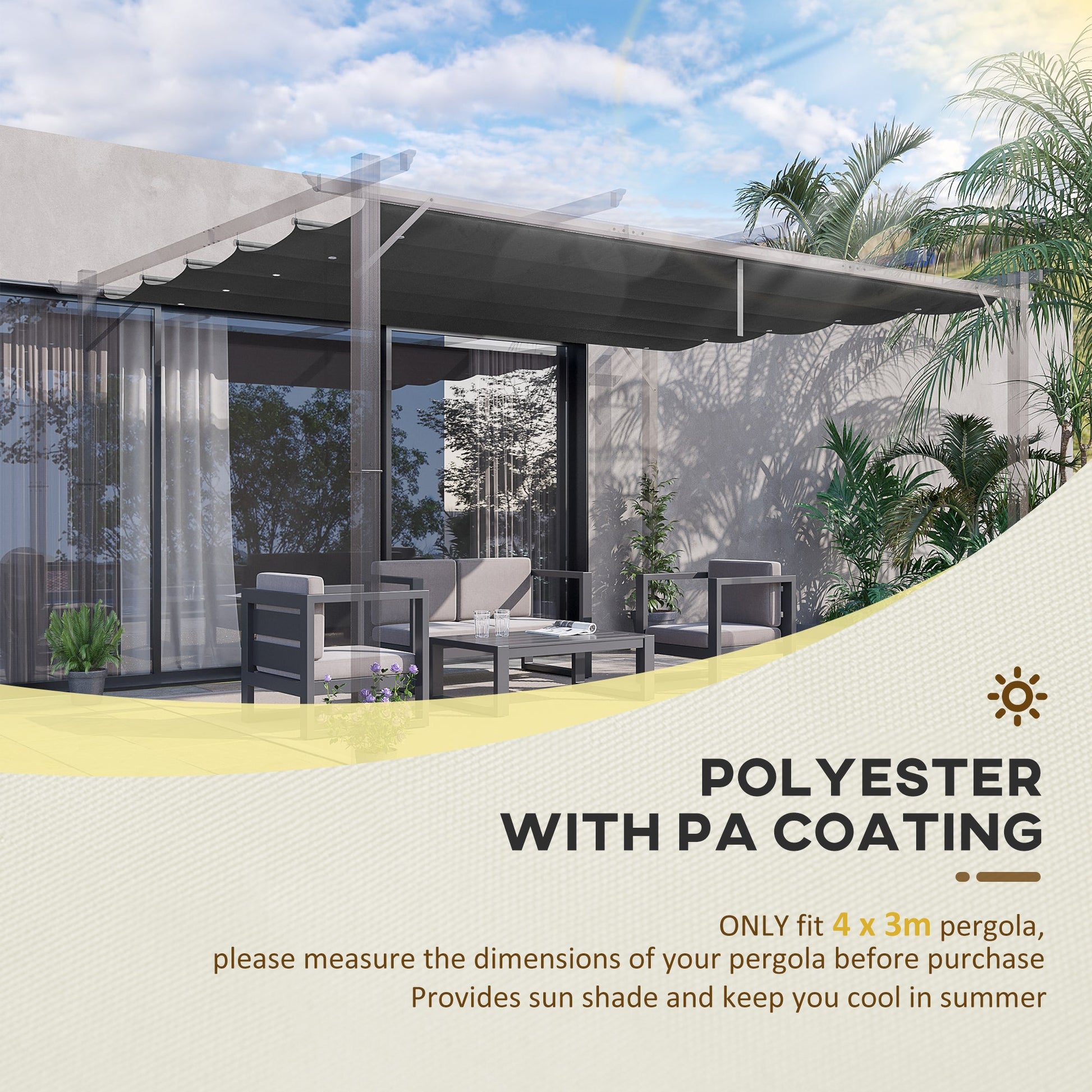 Retractable Pergola Shade Cover, Replacement Canopy Fabric for 4 x 3 (m) Pergola, Gazebo Retractable Roof, Dark Grey