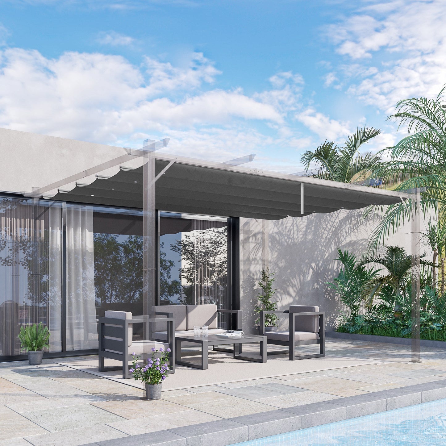 Retractable Pergola Shade Cover, Replacement Canopy Fabric for 4 x 3 (m) Pergola, Gazebo Retractable Roof, Dark Grey