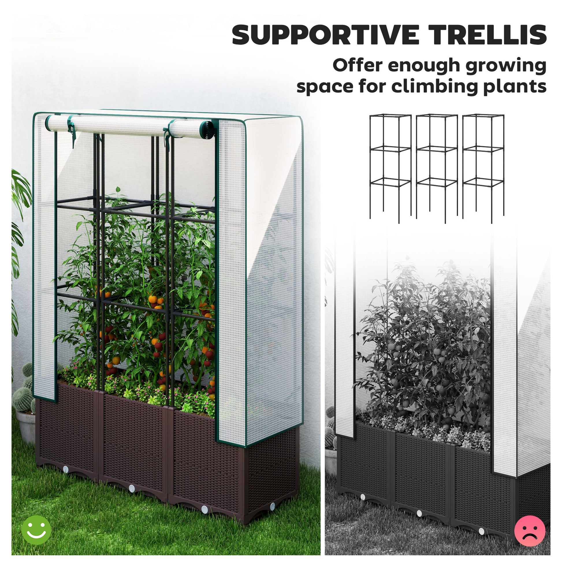Raised Garden Bed with Trellis, Plastic Planter Box with PE Cover, Drainage Holes and Drain Plugs for Climbing Plants, Vegetables, Flowers, 120 x 40 x 140 cm