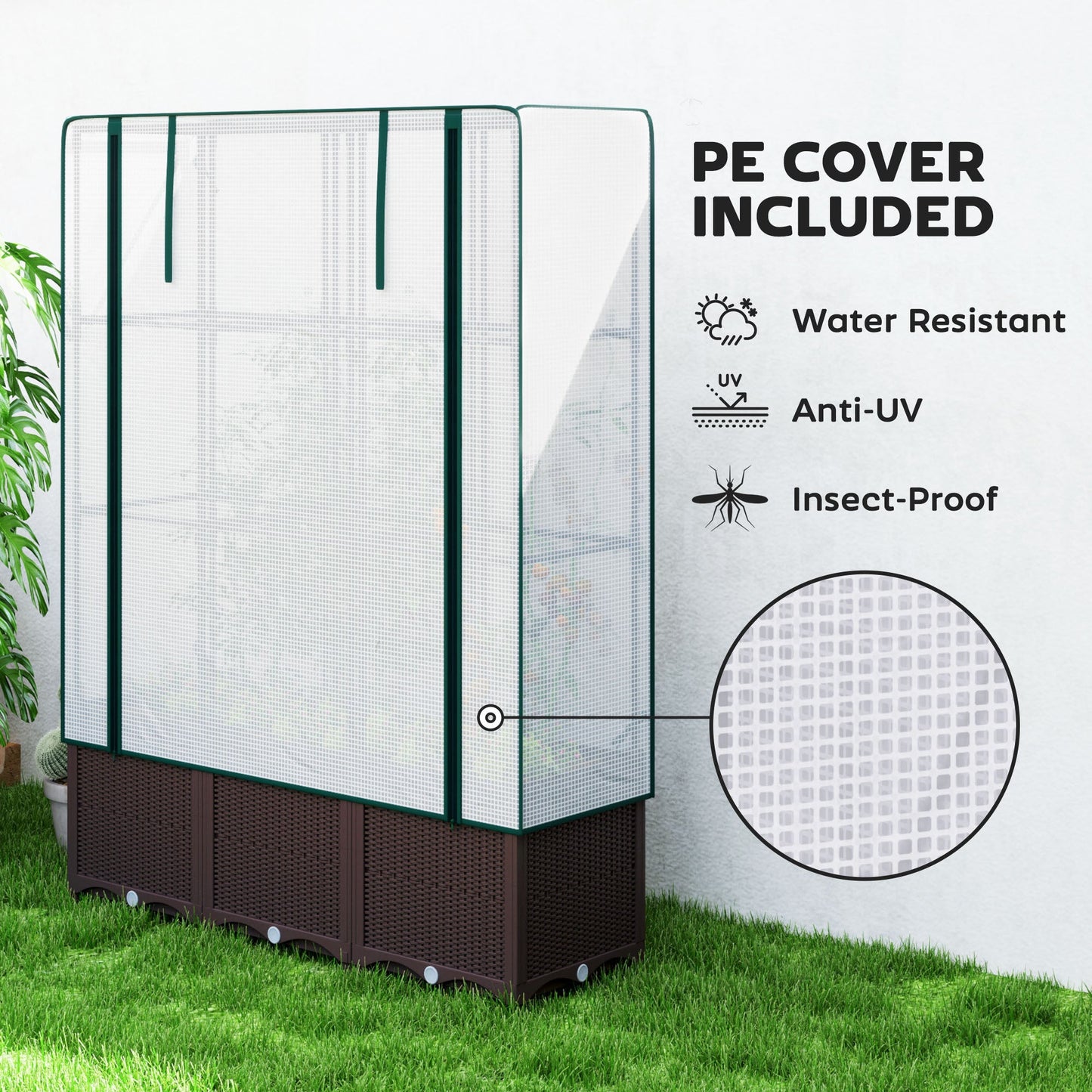 Raised Garden Bed with Trellis, Plastic Planter Box with PE Cover, Drainage Holes and Drain Plugs for Climbing Plants, Vegetables, Flowers, 120 x 40 x 140 cm