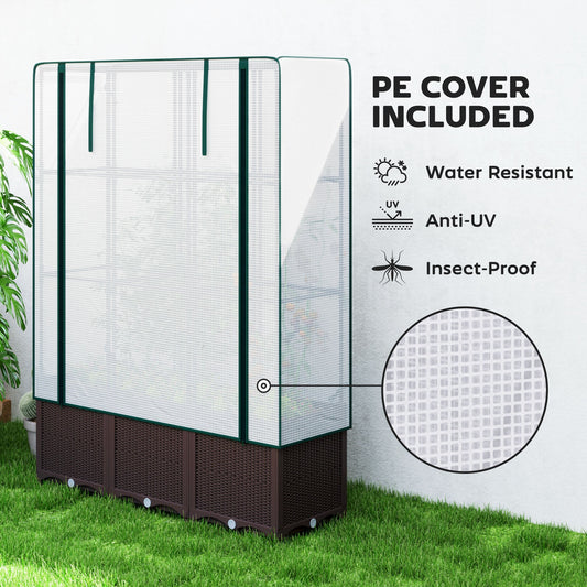 Raised Garden Bed with Trellis, Plastic Planter Box with PE Cover, Drainage Holes and Drain Plugs for Climbing Plants, Vegetables, Flowers, 120 x 40 x 140 cm