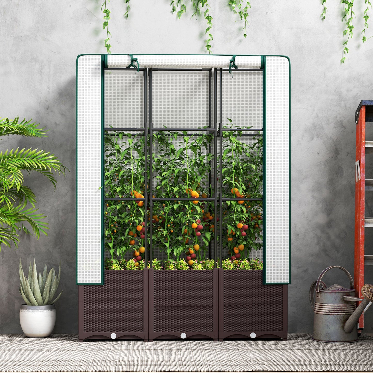 Raised Garden Bed with Trellis, Plastic Planter Box with PE Cover, Drainage Holes and Drain Plugs for Climbing Plants, Vegetables, Flowers, 120 x 40 x 140 cm