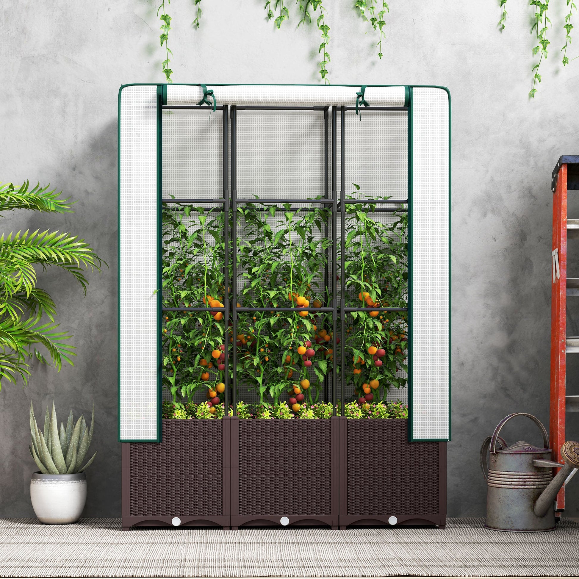 Raised Garden Bed with Trellis, Plastic Planter Box with PE Cover, Drainage Holes and Drain Plugs for Climbing Plants, Vegetables, Flowers, 120 x 40 x 140 cm
