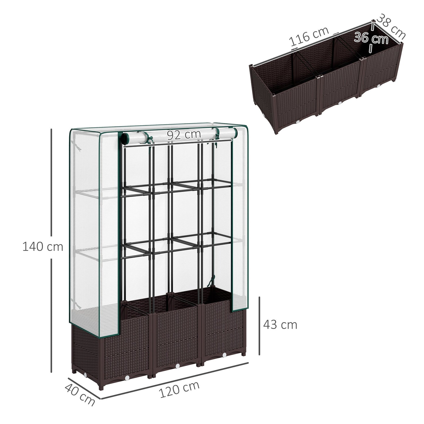 Raised Garden Bed with Trellis, Plastic Planter Box with PE Cover, Drainage Holes and Drain Plugs for Climbing Plants, Vegetables, Flowers, 120 x 40 x 140 cm