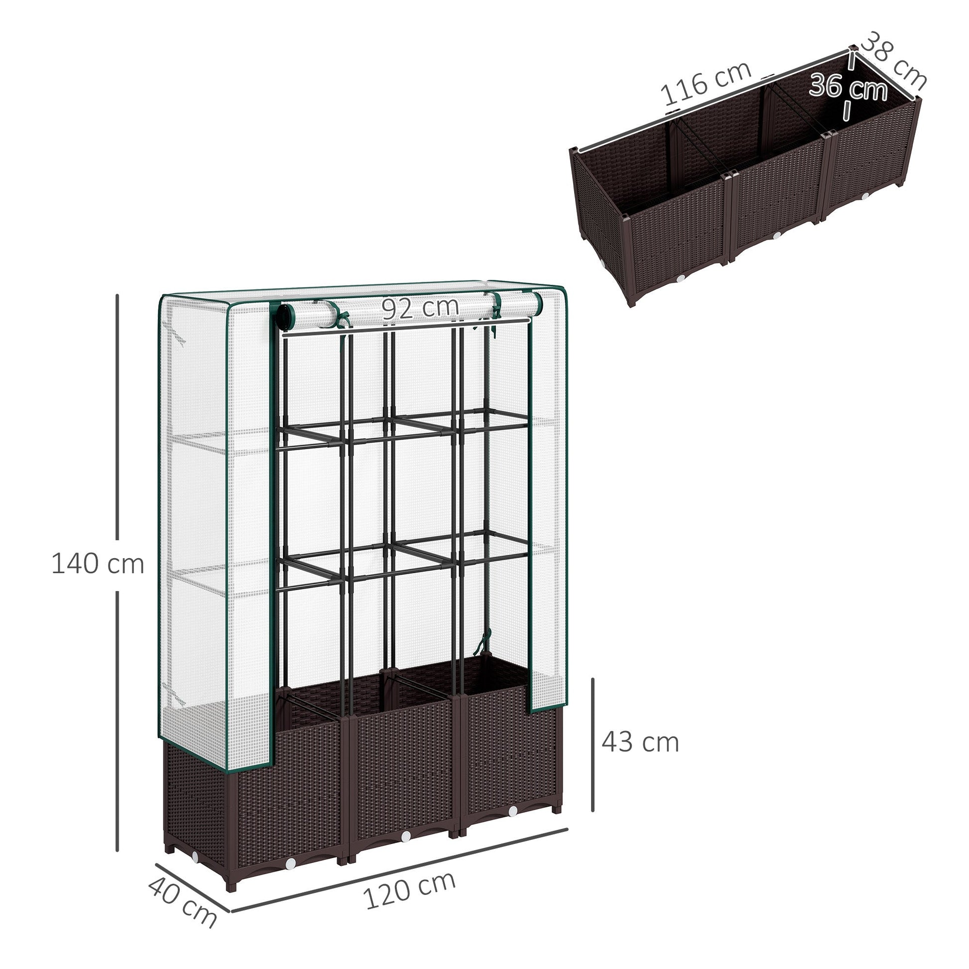 Raised Garden Bed with Trellis, Plastic Planter Box with PE Cover, Drainage Holes and Drain Plugs for Climbing Plants, Vegetables, Flowers, 120 x 40 x 140 cm