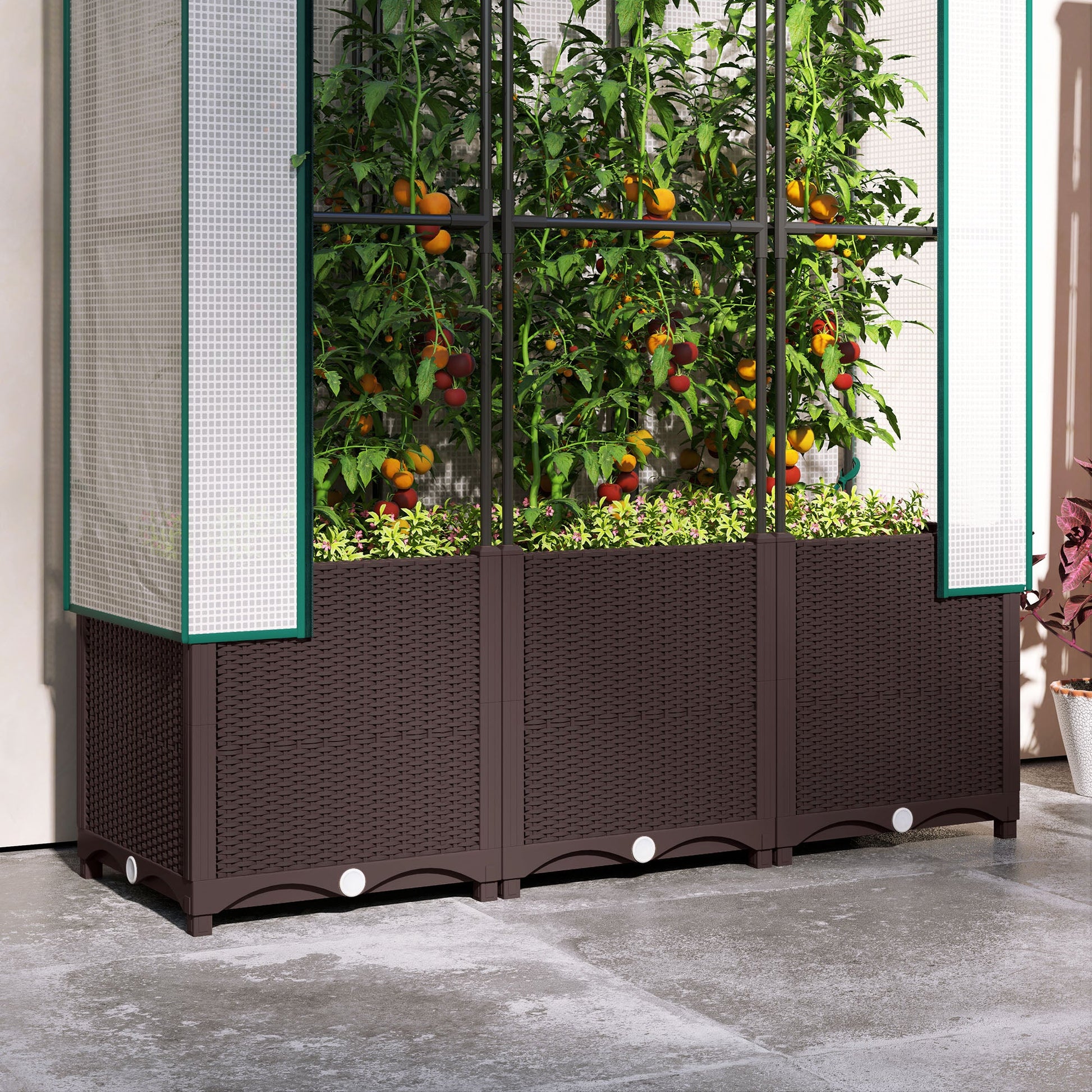Raised Garden Bed with Trellis, Plastic Planter Box with PE Cover, Drainage Holes and Drain Plugs for Climbing Plants, Vegetables, Flowers, 120 x 40 x 140 cm