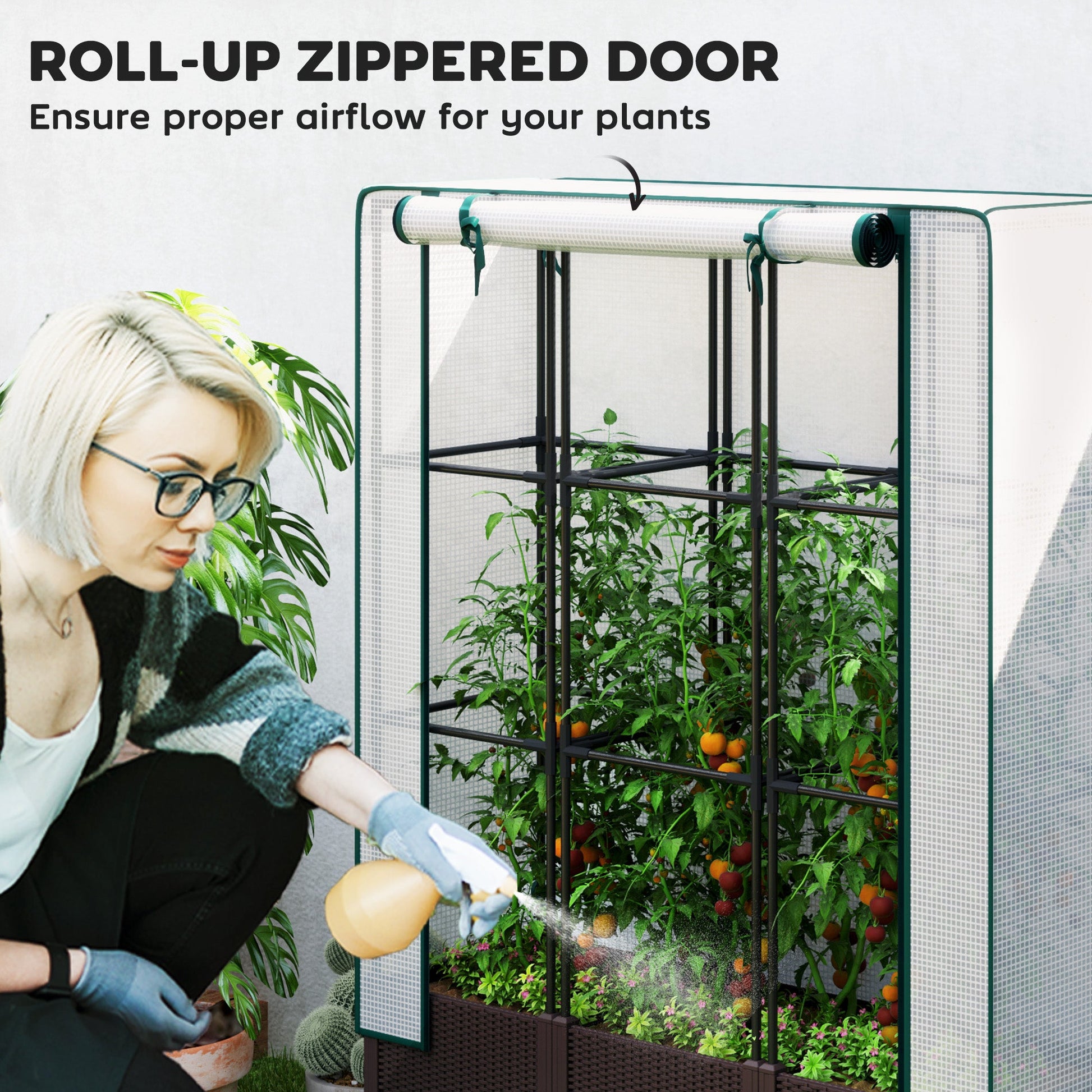 Raised Garden Bed with Trellis, Plastic Planter Box with PE Cover, Drainage Holes and Drain Plugs for Climbing Plants, Vegetables, Flowers, 120 x 40 x 140 cm