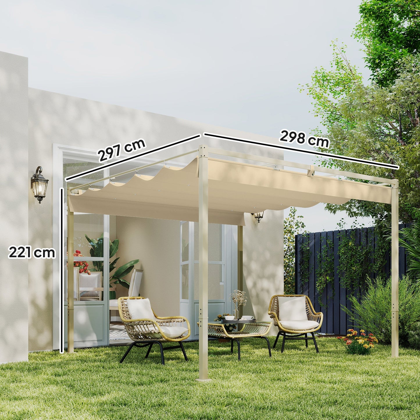 3 x 3(m) Garden Pergola with Retractable Roof and Magnetic Fixture, Outdoor Gazebo Pergola Kit Sun Shade Canopy, UPF30+, Khaki