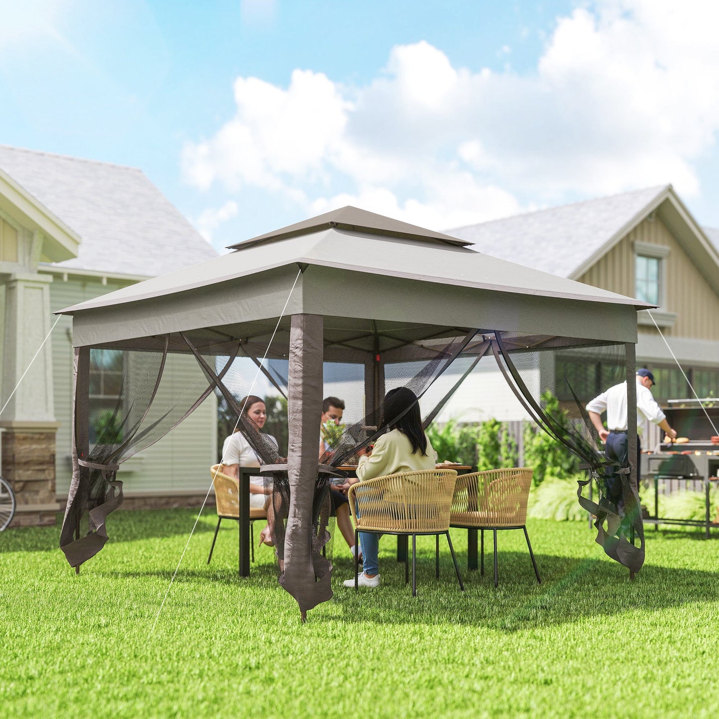 3 x 3(m) Pop Up Gazebo, Marquee Party Tent with Double Tier Roof, Netting and Carry Bag, Event Shelter for Outdoor Patio, Light Grey