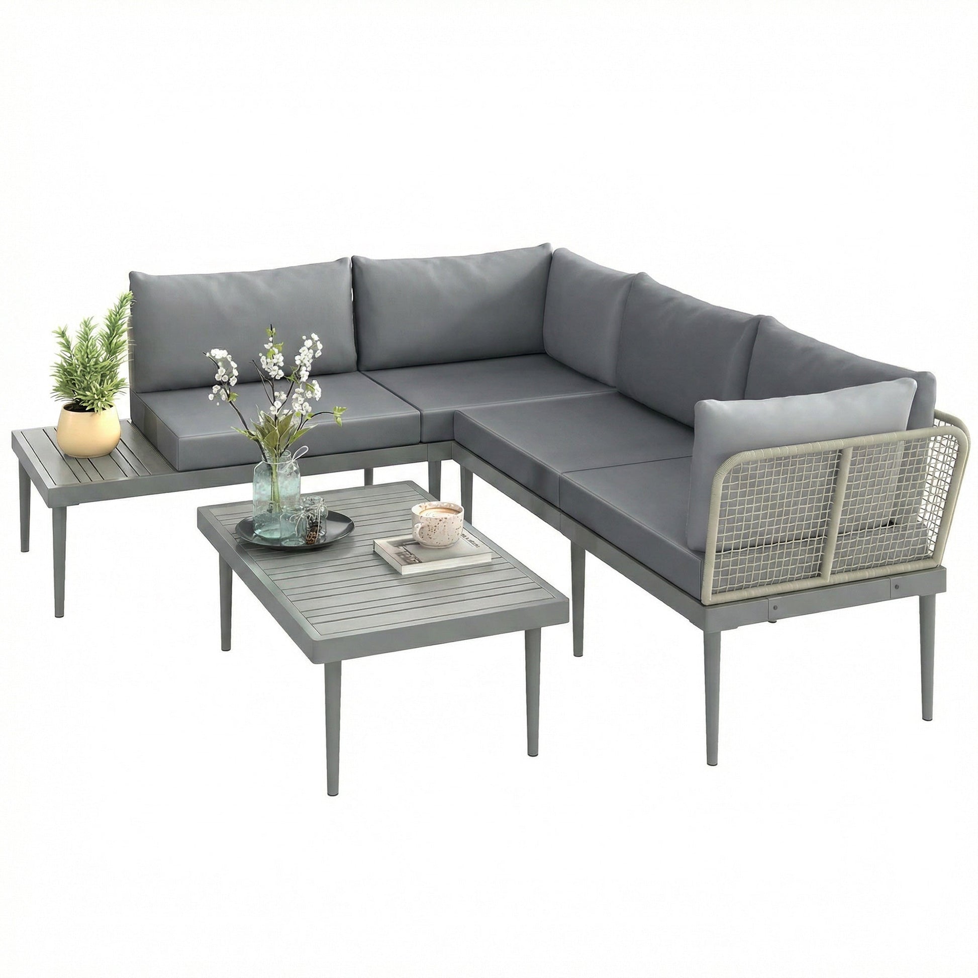 3 Piece L Shaped Rattan Garden Furniture Set, 4 Seater Wicker Outdoor Corner Sofa Set with 2 Loveseats, Wide and Deep Seating, Acacia Wood Top Coffee Table and Thick Cushions, Grey