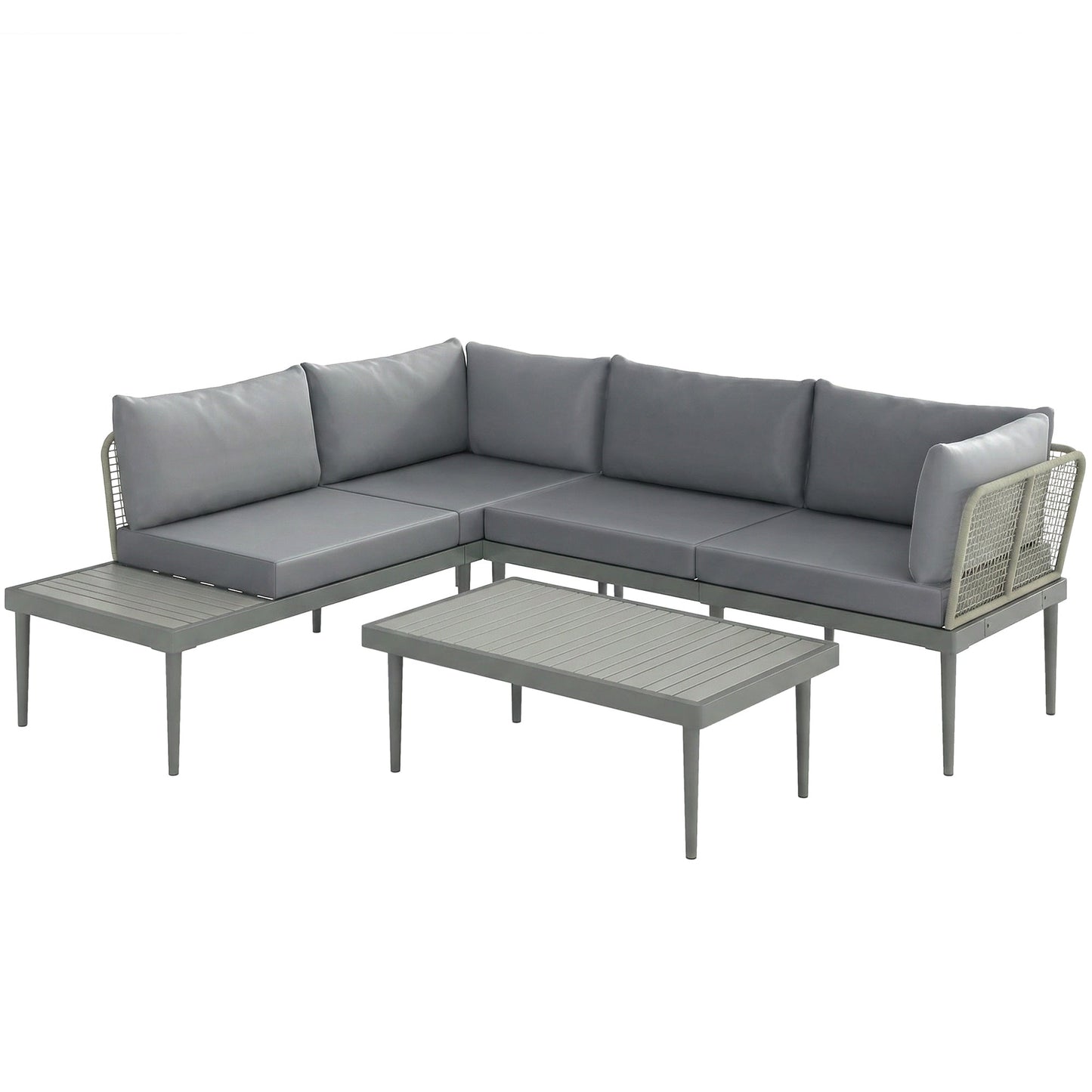 3 Piece L Shaped Rattan Garden Furniture Set, 4 Seater Wicker Outdoor Corner Sofa Set with 2 Loveseats, Wide and Deep Seating, Acacia Wood Top Coffee Table and Thick Cushions, Grey