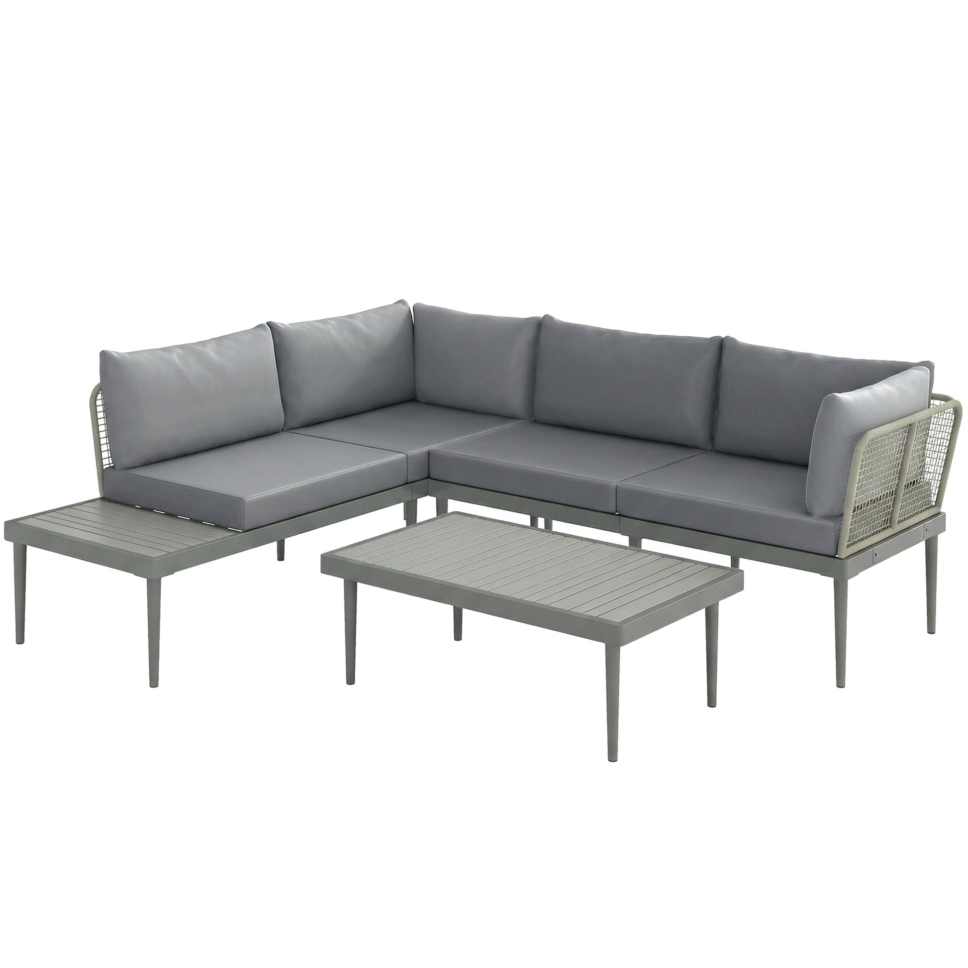 3 Piece L Shaped Rattan Garden Furniture Set, 4 Seater Wicker Outdoor Corner Sofa Set with 2 Loveseats, Wide and Deep Seating, Acacia Wood Top Coffee Table and Thick Cushions, Grey