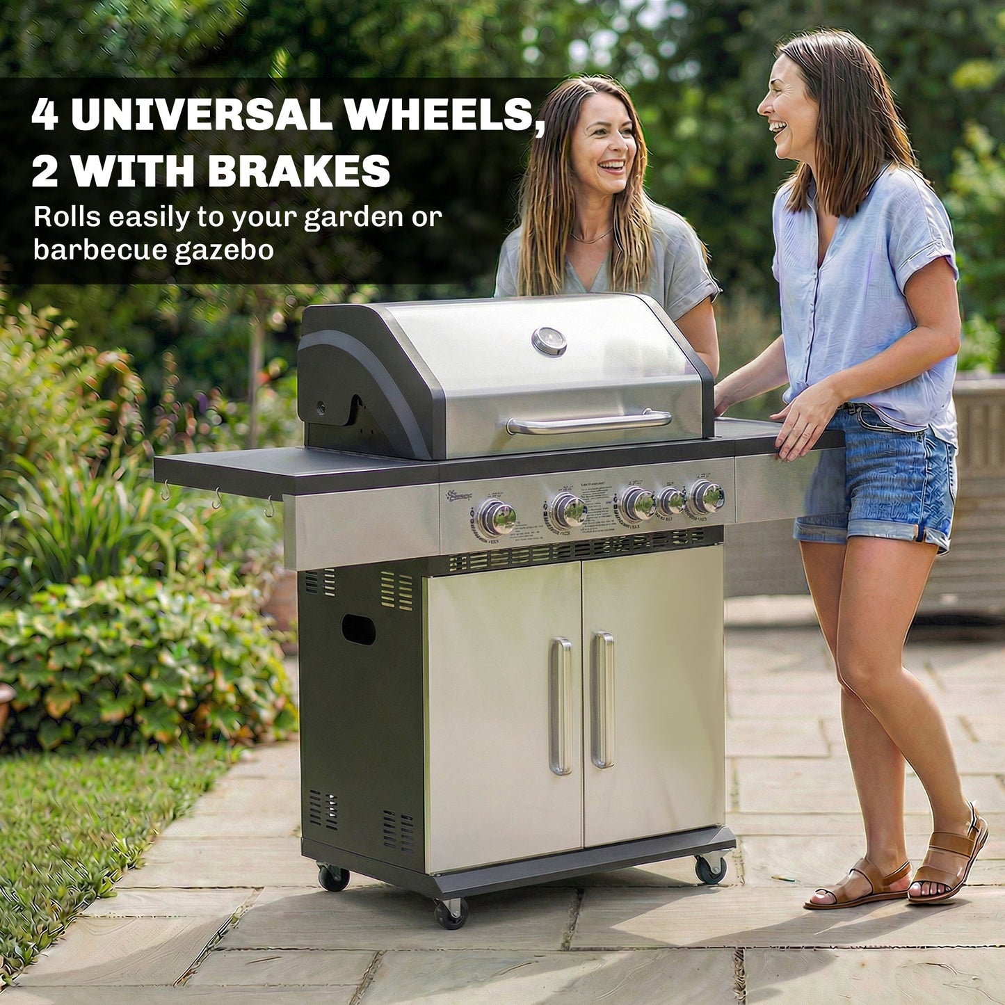 4+1 Burner Gas BBQ Grill, Portable Gas Barbecue Grill with Side Burner, Warming Rack, Side Shelf, Storage Cabinet, Thermometer, 4 Wheels, Tank Holder for Garden Party Outdoor Cooking