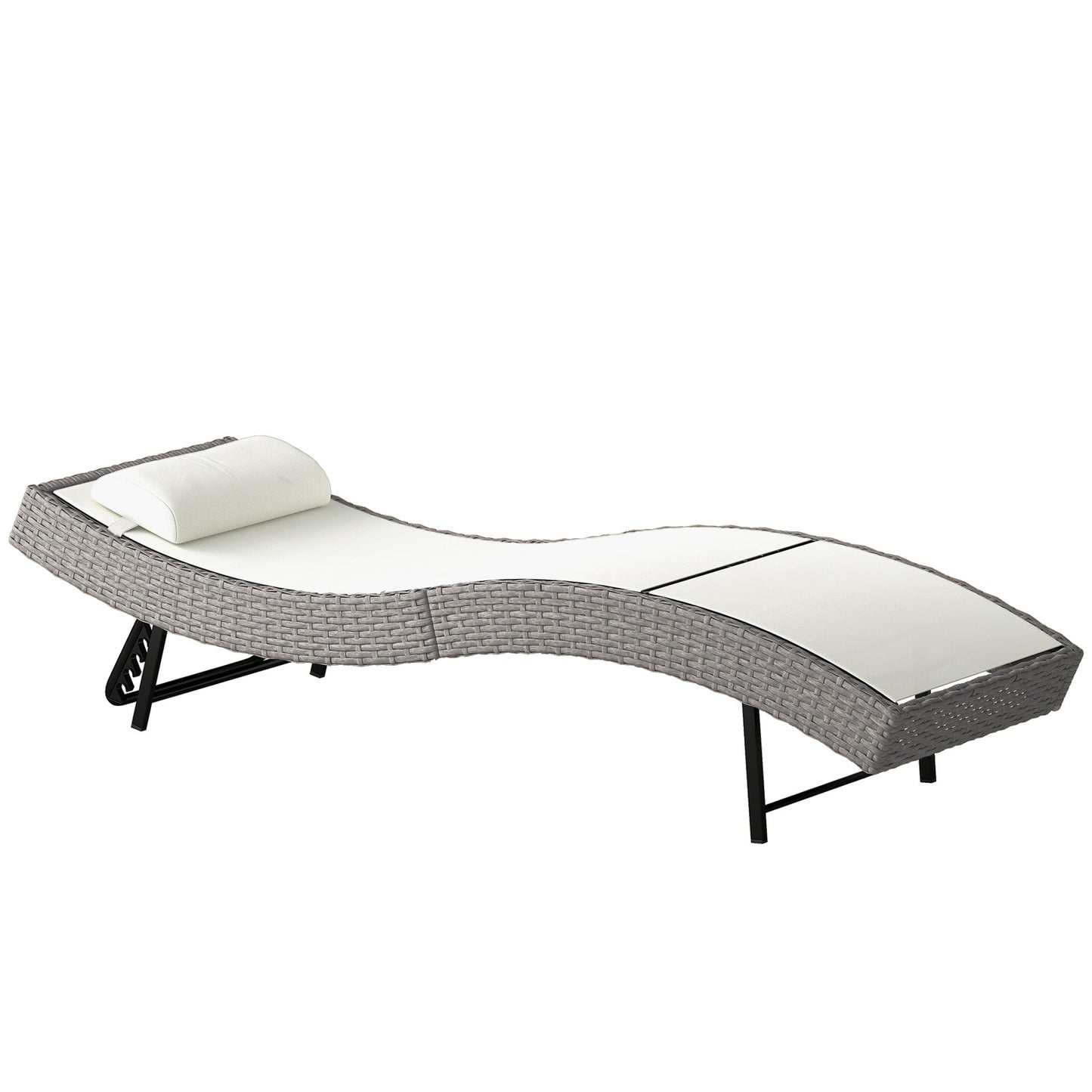 Rattan Sun Lounger, 5 Position Adjustable Garden Lounger Recliner with S Shaped Texteline Seat and Headrest, Reclining Outdoor Sunbed with Metal Frame for Patio, Terrace, Cream White