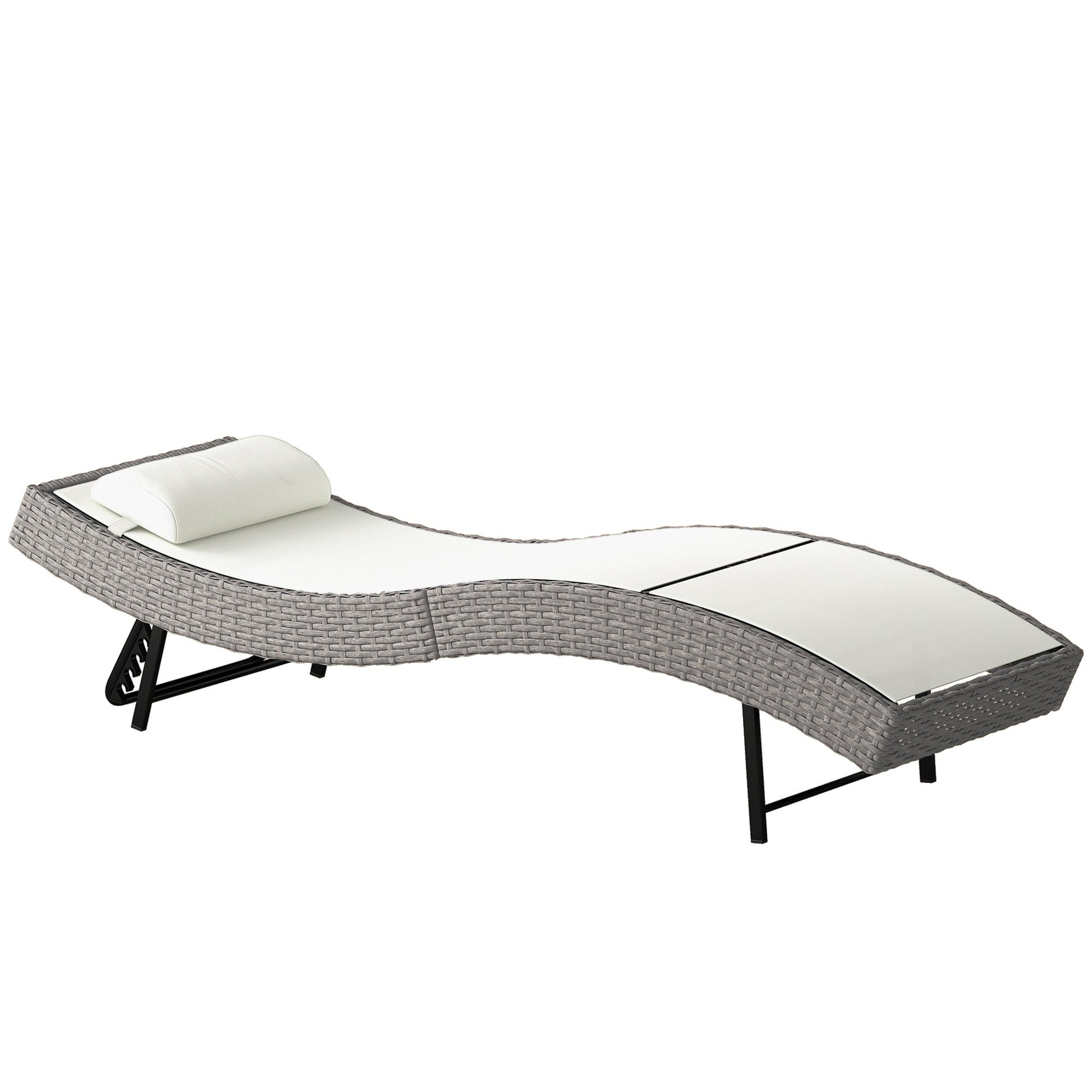 Rattan Sun Lounger, 5 Position Adjustable Garden Lounger Recliner with S Shaped Texteline Seat and Headrest, Reclining Outdoor Sunbed with Metal Frame for Patio, Terrace, Cream White