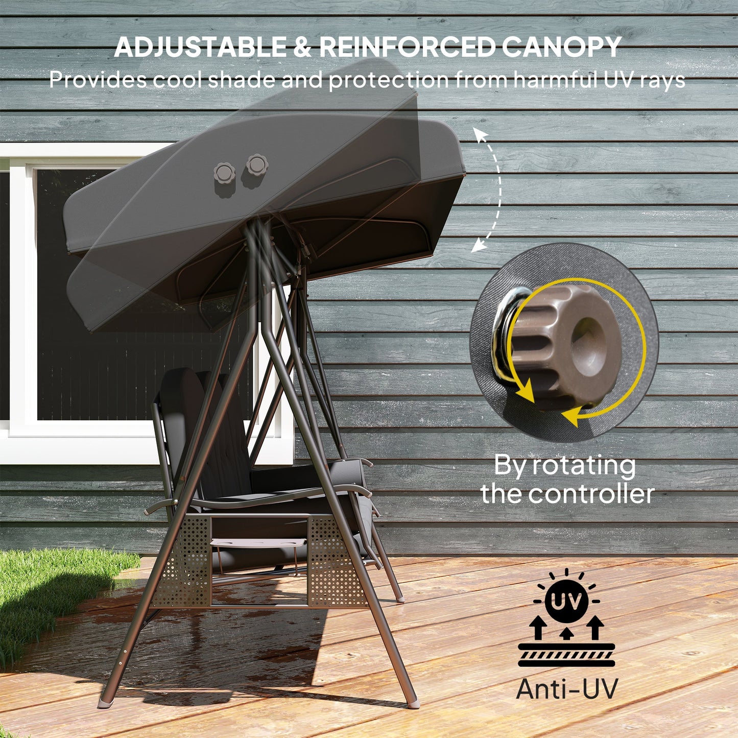 3 Seater Canopy Swing Chair, Outdoor Garden Swing Seat with Adjustable Canopy, Cushions and Cup Trays, Steel Frame, Dark Grey