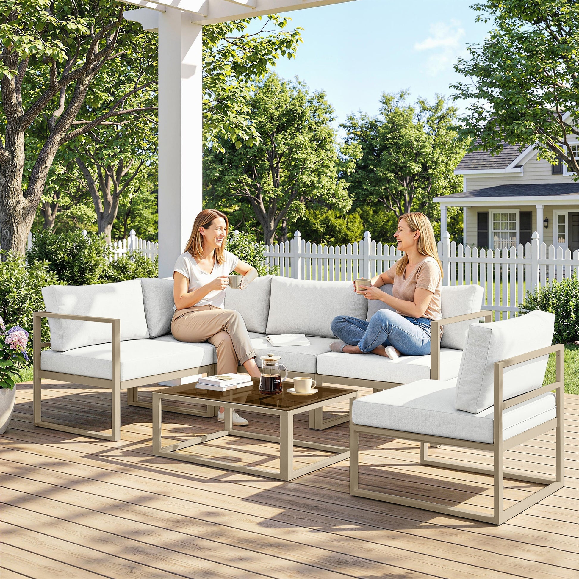 6 Seater Aluminium Garden Furniture Set, Extra Deep Garden Sofa Set with Coffee Table and Thick Cushions, Furniture Conversation Sets for Patio and Balcony, Outdoor, White