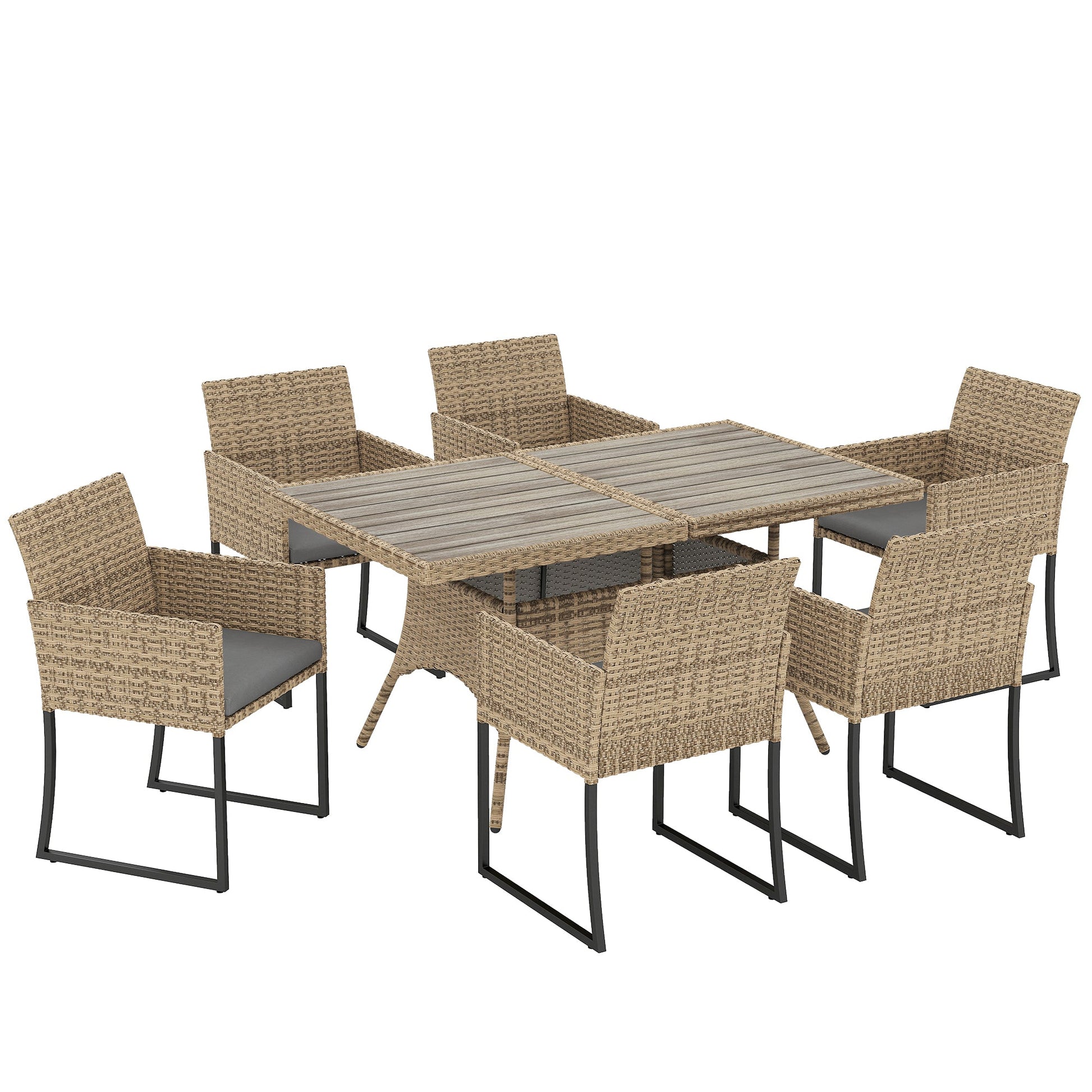 7 Piece Rattan Garden Furniture Set, Garden Dining Set with Wood-Plastic Table and 6 Stackable Chairs, Rattan Table and Chairs with 6 Cushions for Patio Terrace, Dark Grey