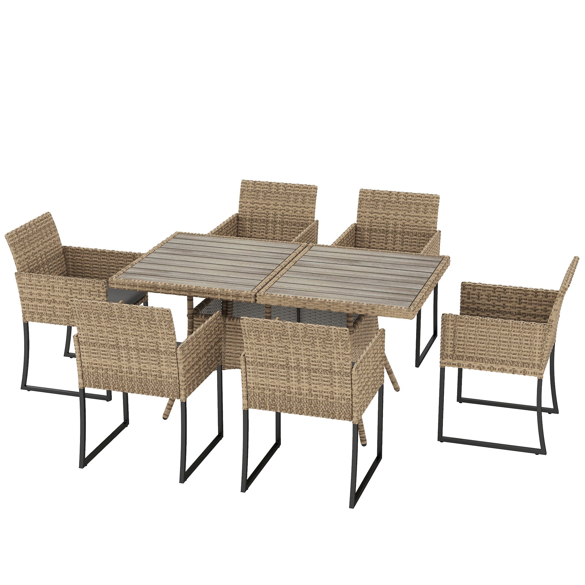 7 Piece Rattan Garden Furniture Set, Garden Dining Set with Wood-Plastic Table and 6 Stackable Chairs, Rattan Table and Chairs with 6 Cushions for Patio Terrace, Dark Grey