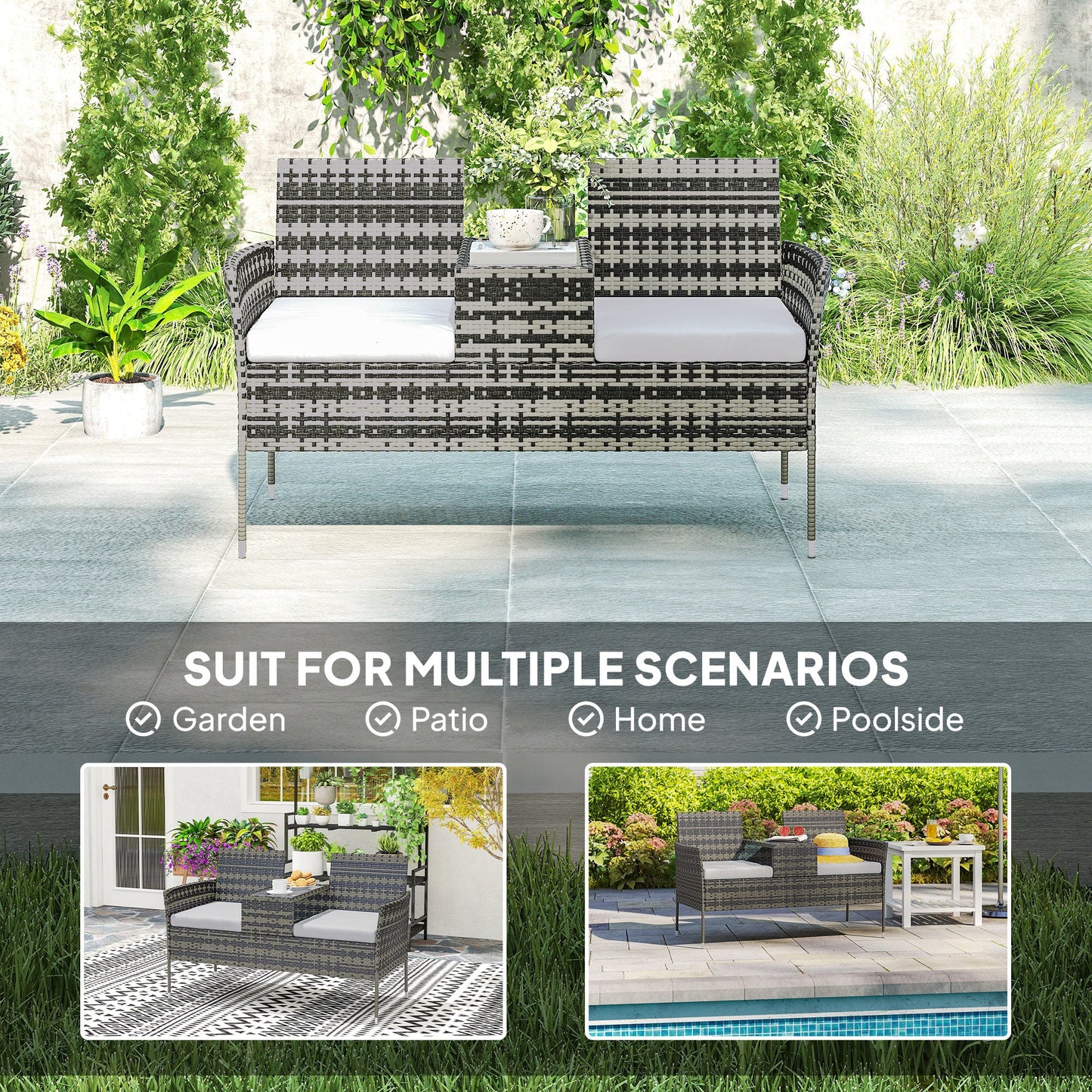 2 Seat Rattan Garden Bench, Patio Wicker Chair with Glass Tea Table, Outdoor Love Seat with Padded Cushions, for Garden, Porch, Charcoal Grey/Grey