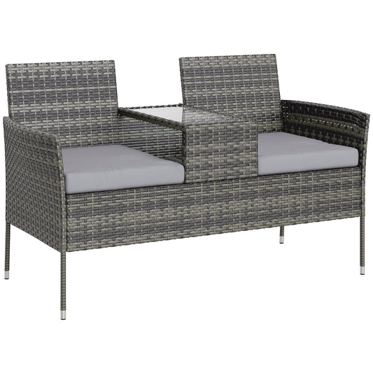 2 Seat Rattan Garden Bench, Patio Wicker Chair with Glass Tea Table, Outdoor Love Seat with Padded Cushions, for Garden, Porch, Charcoal Grey/Grey