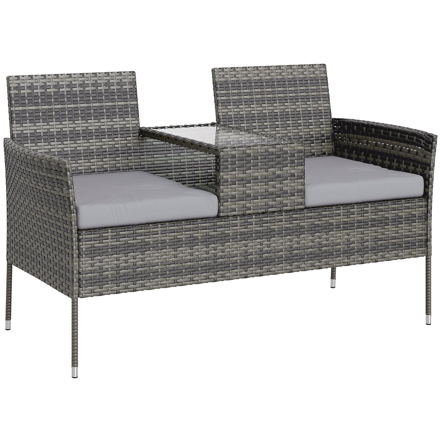 2 Seat Rattan Garden Bench, Patio Wicker Chair with Glass Tea Table, Outdoor Love Seat with Padded Cushions, for Garden, Porch, Charcoal Grey/Grey