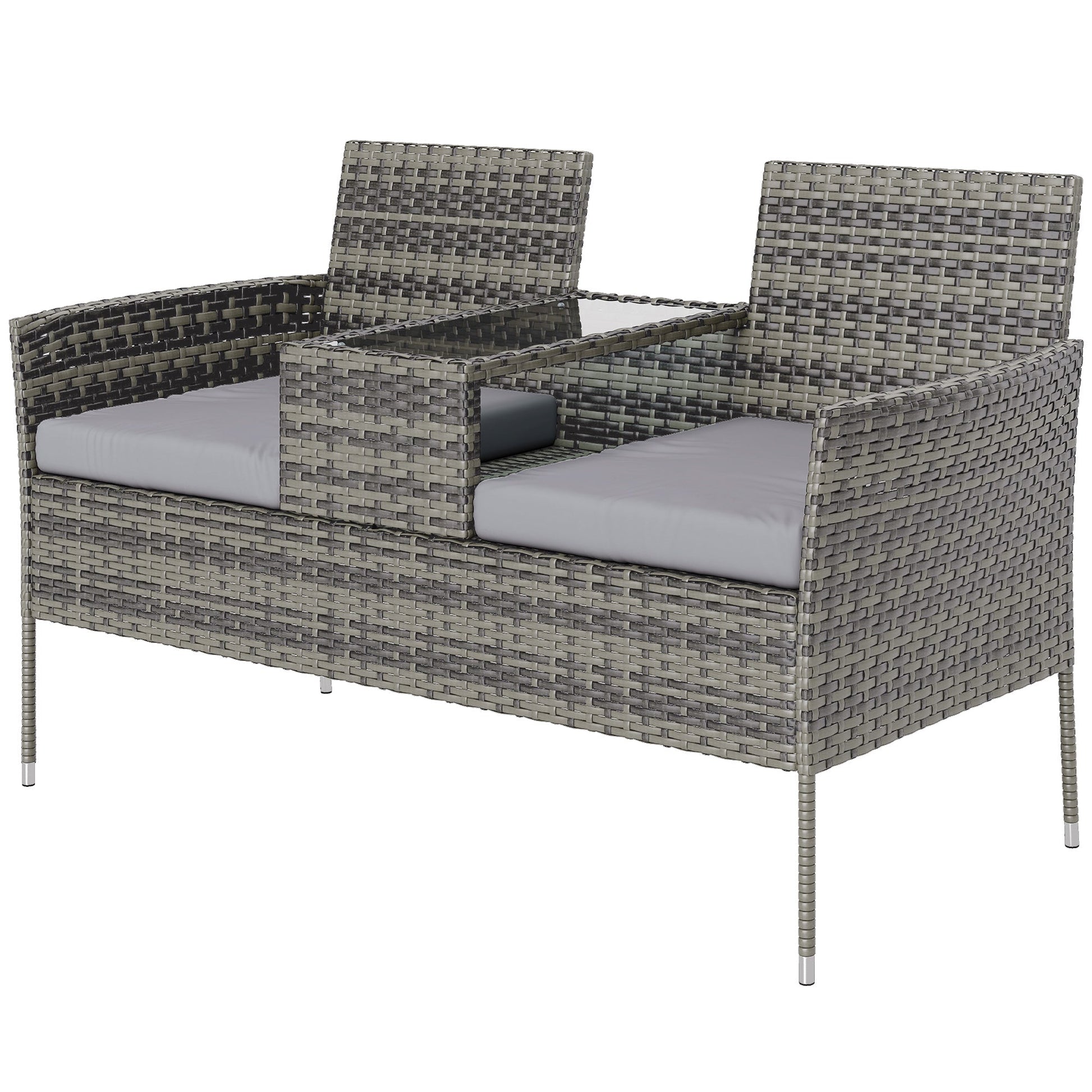 2 Seat Rattan Garden Bench, Patio Wicker Chair with Glass Tea Table, Outdoor Love Seat with Padded Cushions, for Garden, Porch, Charcoal Grey/Grey