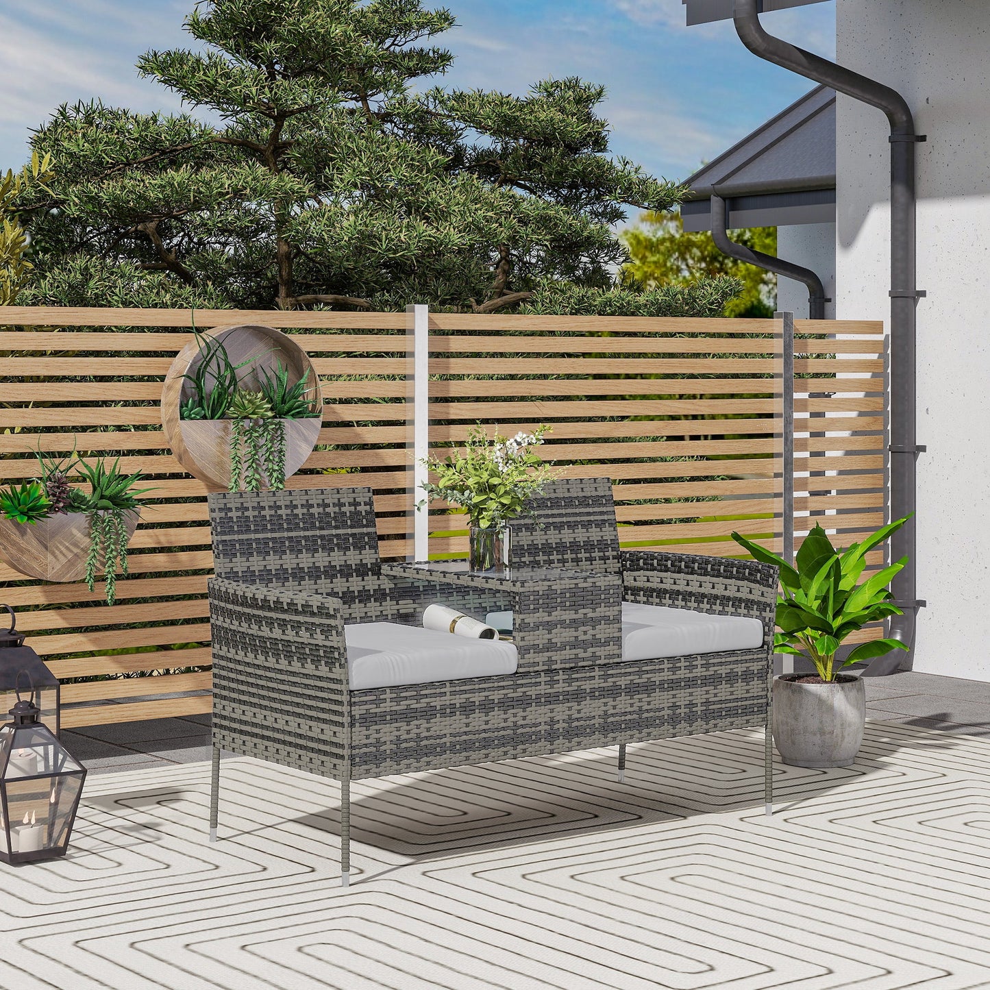 2 Seat Rattan Garden Bench, Patio Wicker Chair with Glass Tea Table, Outdoor Love Seat with Padded Cushions, for Garden, Porch, Charcoal Grey/Grey