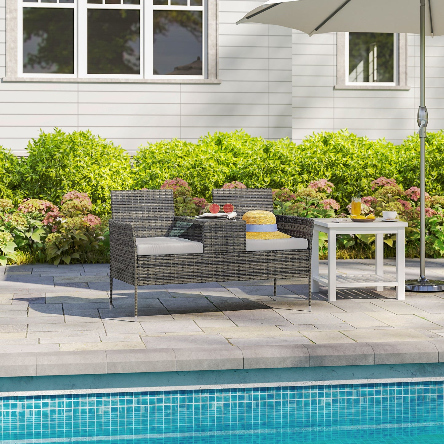 2 Seat Rattan Garden Bench, Patio Wicker Chair with Glass Tea Table, Outdoor Love Seat with Padded Cushions, for Garden, Porch, Charcoal Grey/Grey