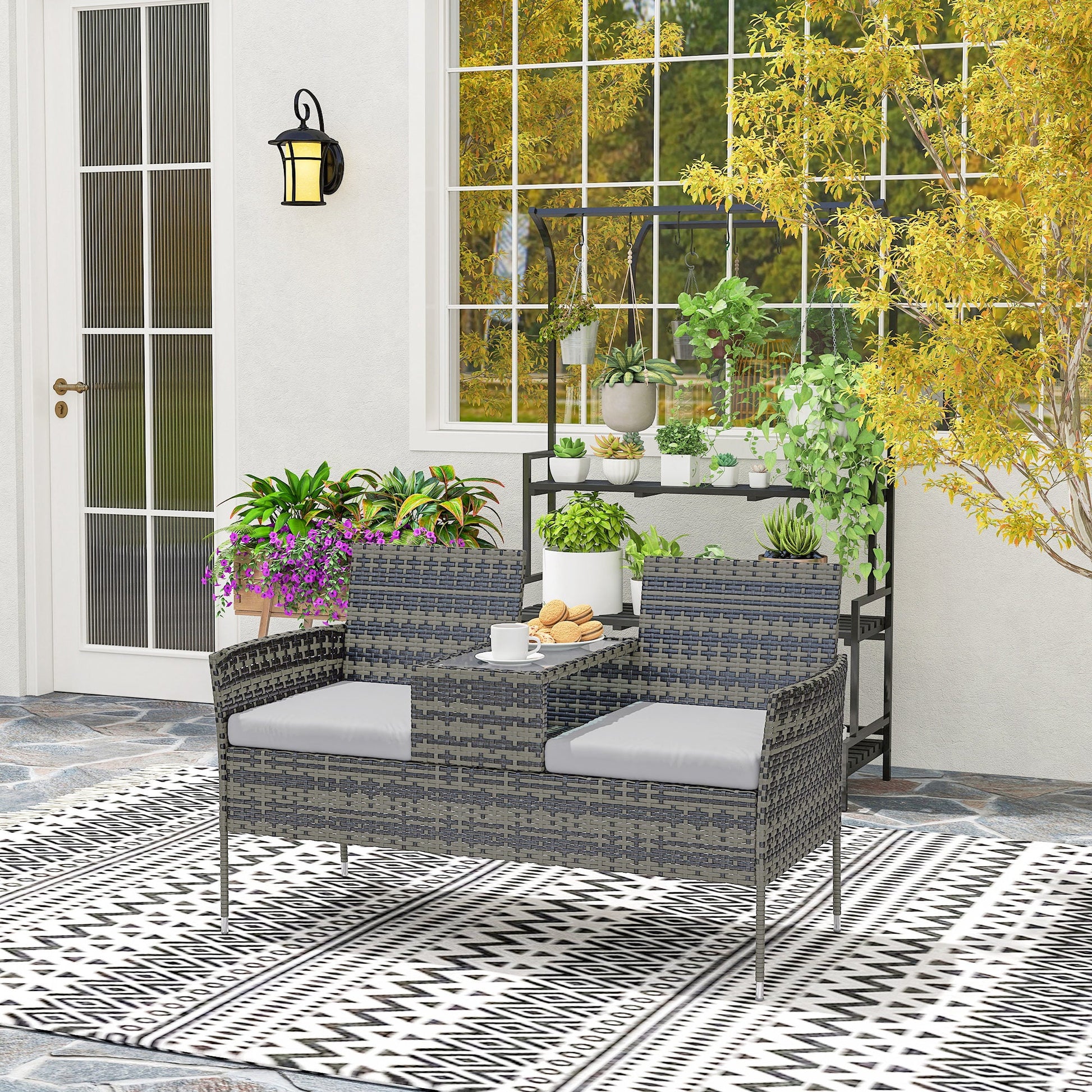 2 Seat Rattan Garden Bench, Patio Wicker Chair with Glass Tea Table, Outdoor Love Seat with Padded Cushions, for Garden, Porch, Charcoal Grey/Grey