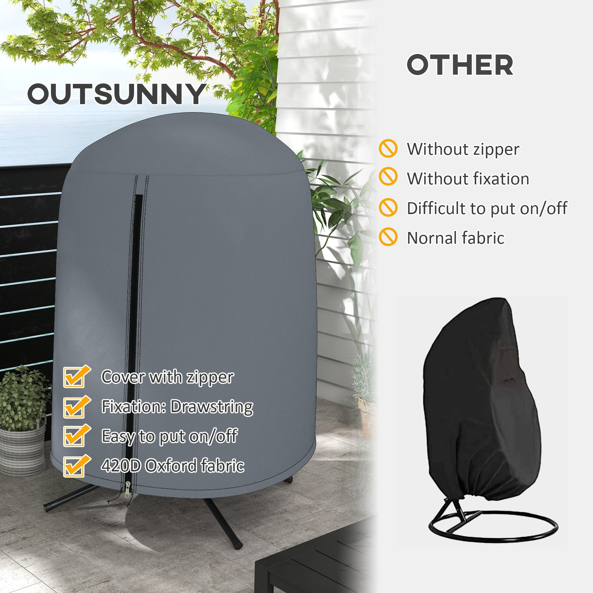 Hanging Egg Chair Cover, Outdoor Single Swing Chair Cover, Waterproof Anti-dust Furniture Protector with Zipper, 420D Oxford Fabric for Φ128 x 190H cm Stand, Grey