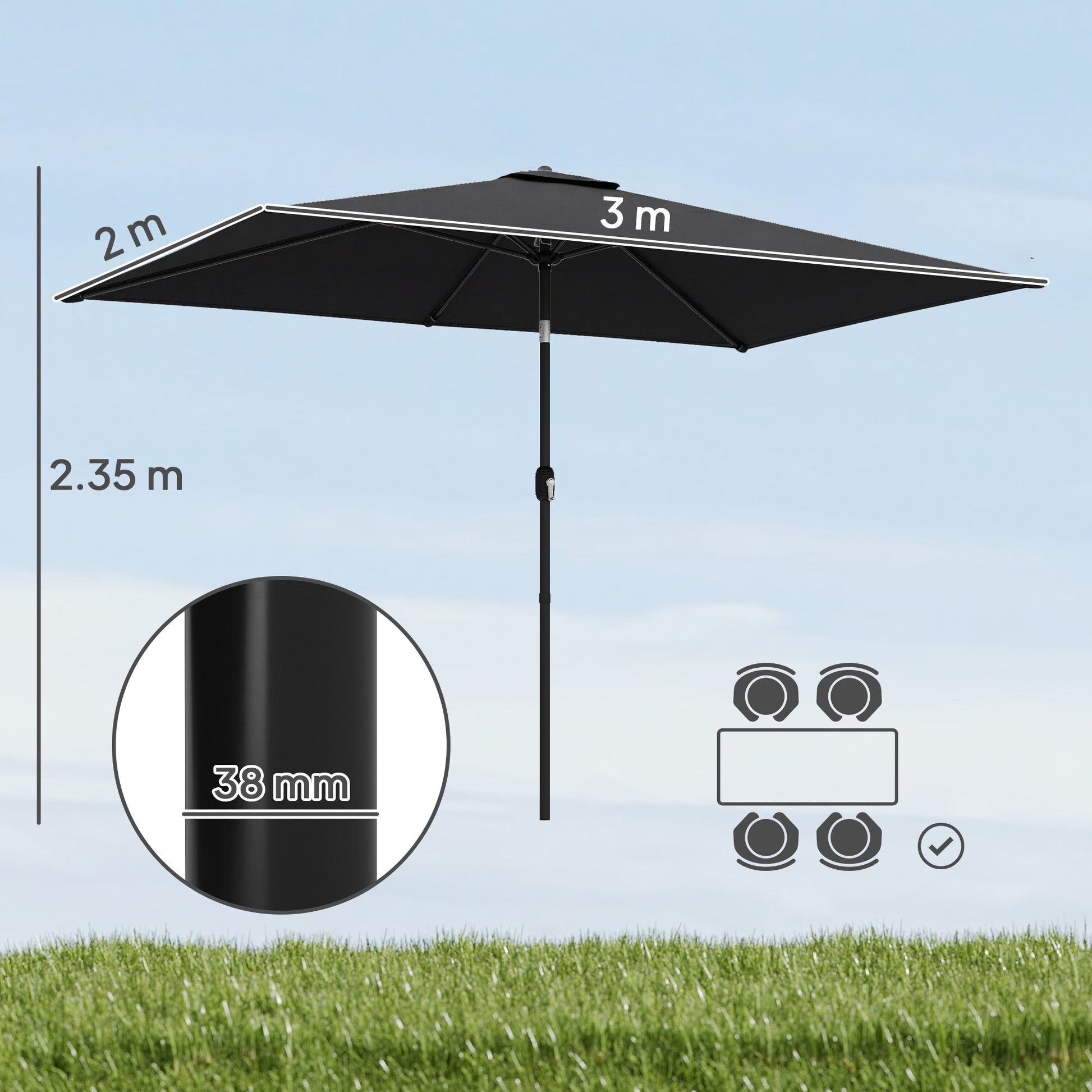3x2m Garden Parasol, Parasol Umbrella with Crank Handle, Tilt Function, Polyester Canopy, Outdoor Table Umbrella for Patio, Garden, Black