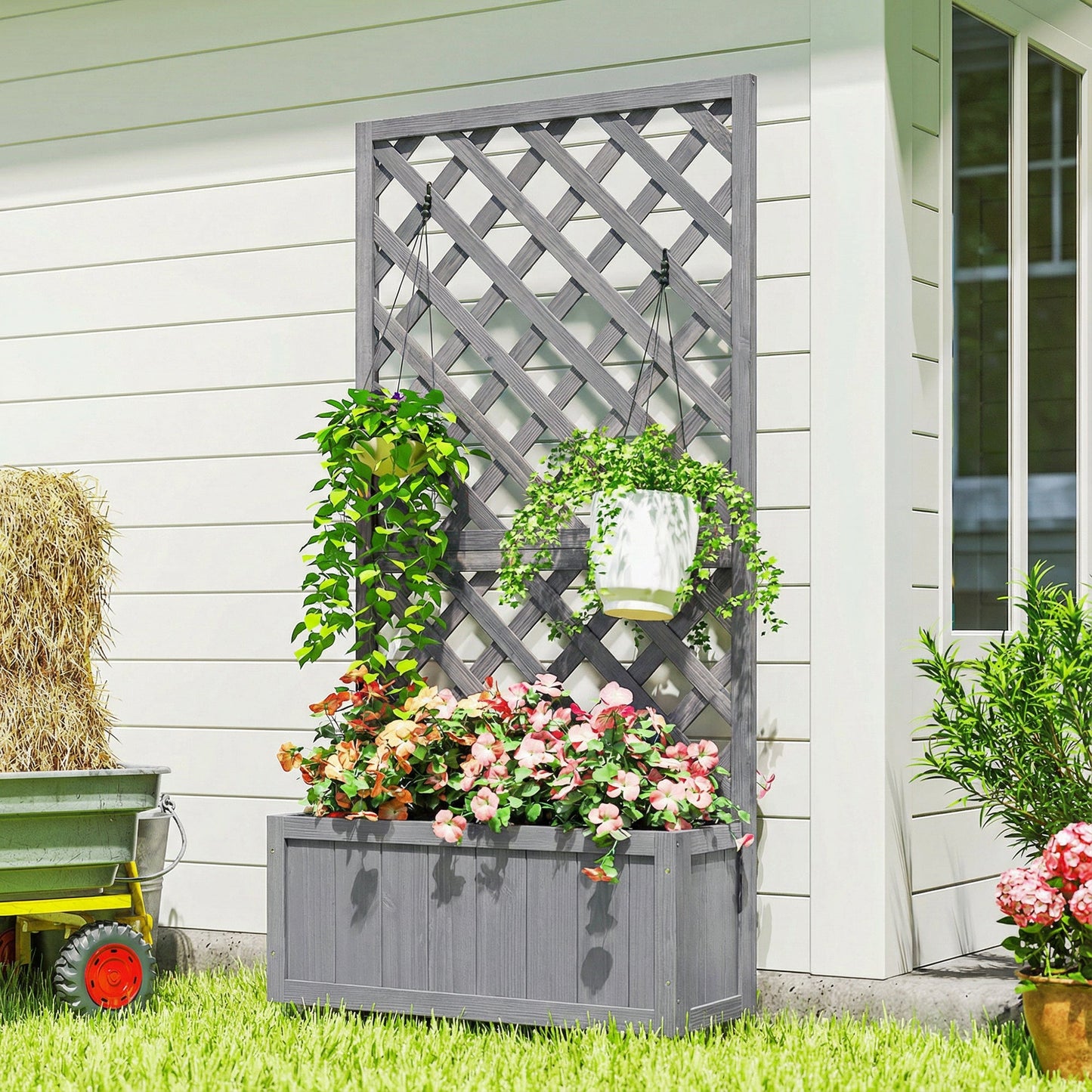 Wood Planter with Trellis for Climbing Plants, Raised Bed, Planter Box with Drainage Holes to Grow Vegetables, Herbs and Flowers for Garden, Patio, Yard, Grey