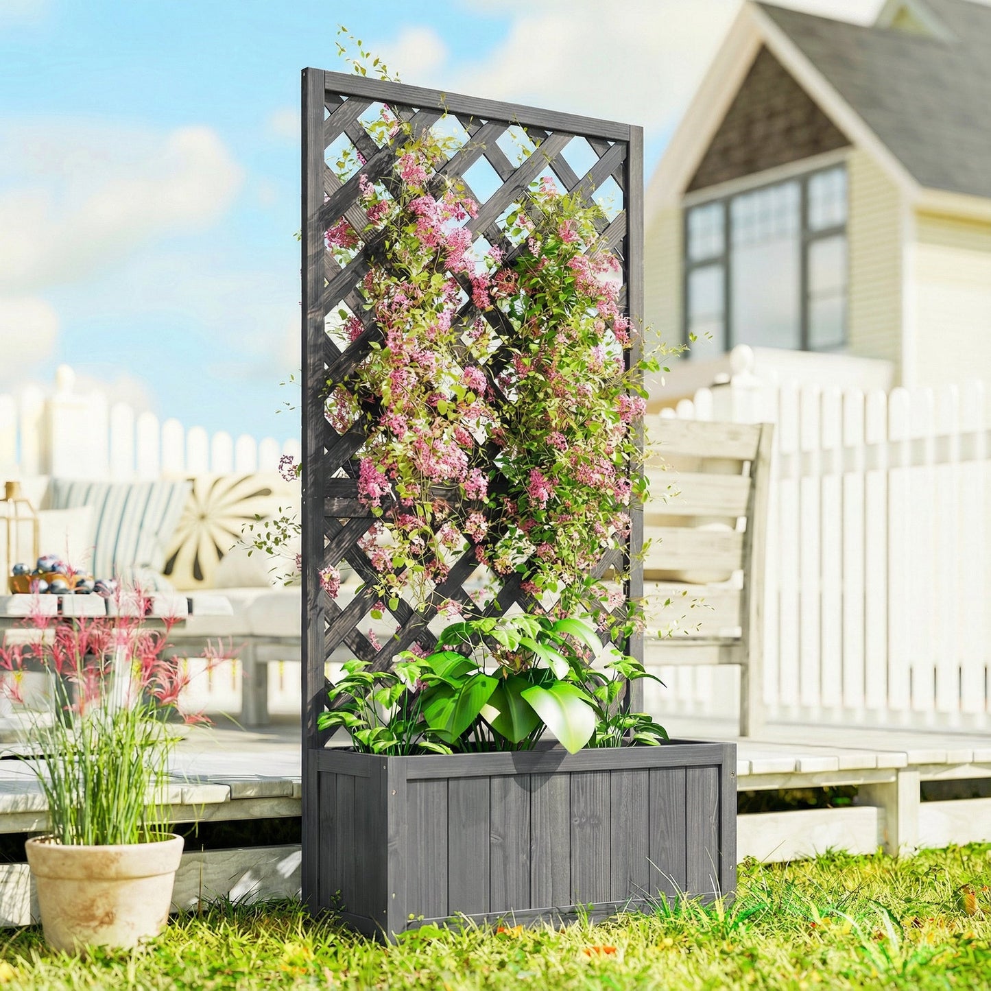 Wood Planter with Trellis for Climbing Plants, Raised Bed, Planter Box with Drainage Holes to Grow Vegetables, Herbs and Flowers for Garden, Patio, Yard, Grey