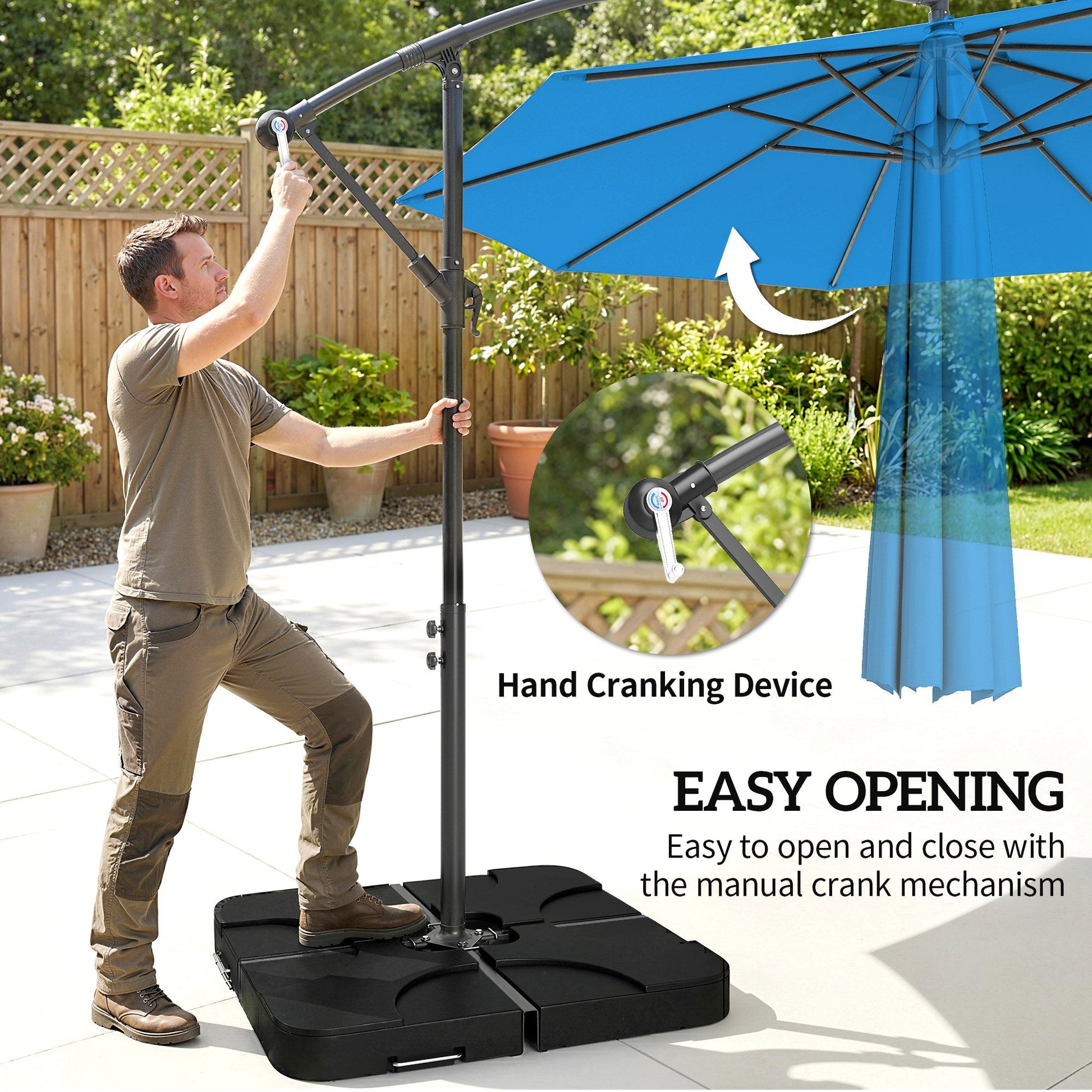 3 m Cantilever Parasol with Umbrella Weights, Cross Base, Offset Outdoor Umbrella with Protective Cover, Crank Handle, Hanging Sun Shade, Blue