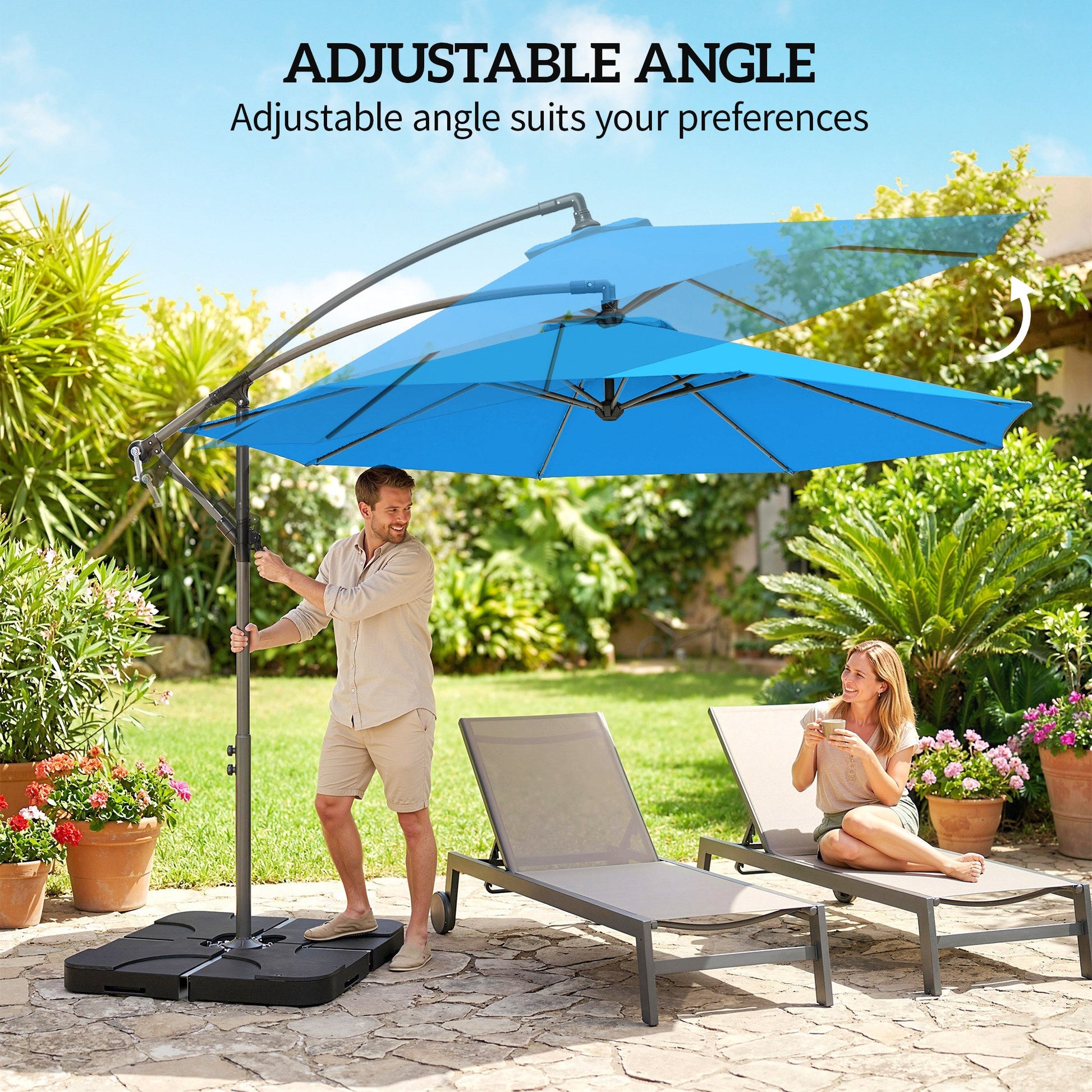 3 m Cantilever Parasol with Umbrella Weights, Cross Base, Offset Outdoor Umbrella with Protective Cover, Crank Handle, Hanging Sun Shade, Blue