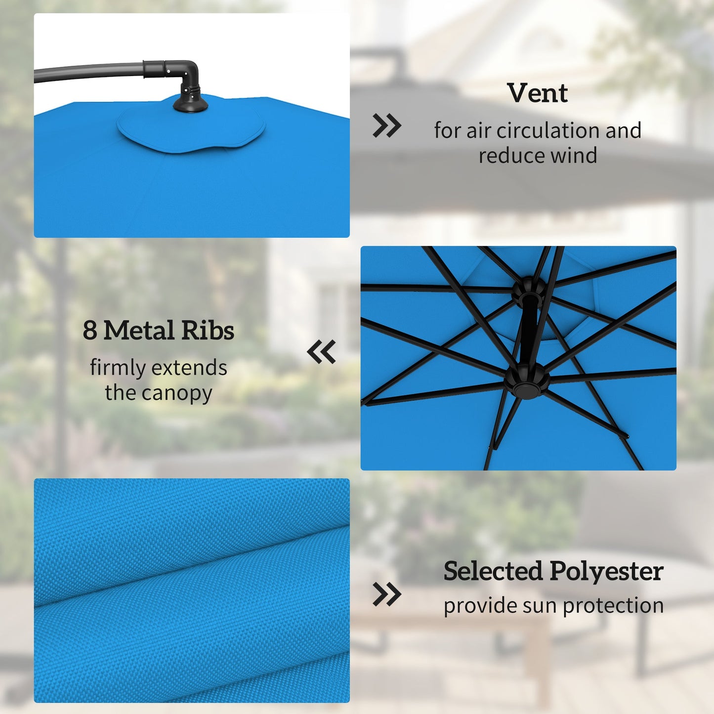 3 m Cantilever Parasol with Umbrella Weights, Cross Base, Offset Outdoor Umbrella with Protective Cover, Crank Handle, Hanging Sun Shade, Blue