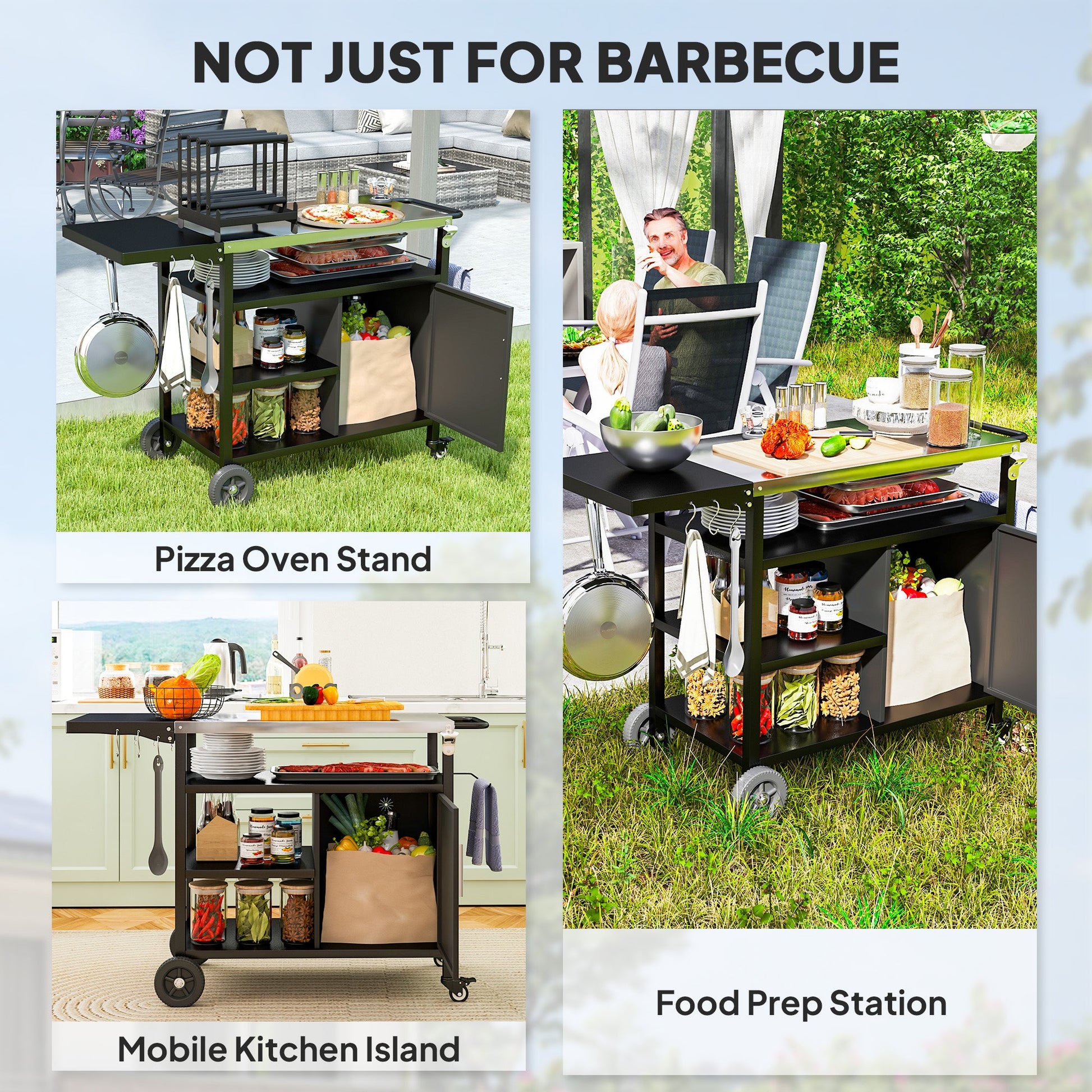 Outdoor BBQ Trolley with Foldable Side Table, Stainless Steel Top, Outdoor Kitchen with Wheels Hooks Shelves Cabinet, Pizza Oven Table Movable Outdoor Grill Dining Cart with Cover, Black